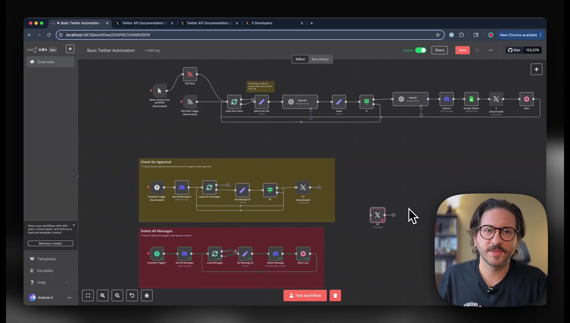 n8n workflow with X (Deactivated) node