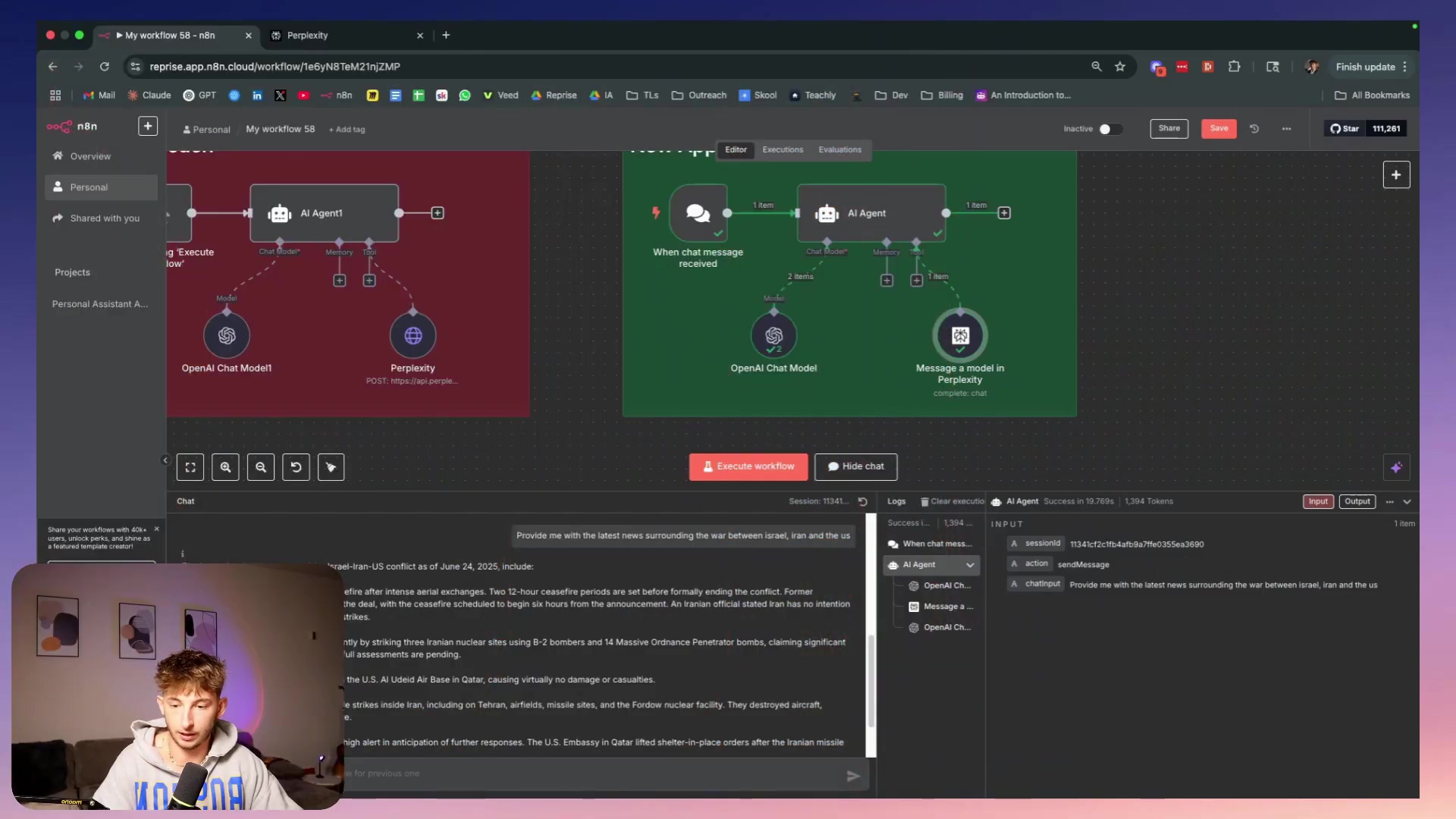 The image displays a split view of a computer screen and a person. The computer screen shows an n8n workflow interface with two main sections: 'OpenAI Chat Model' and 'Message a Model in Perplexity'. The left section, 'OpenAI Chat Model', has a 'POST' method and a URL 'https://api.perplexity.ai/chat/completions'. The right section, 'Message a Model in Perplexity', is labeled 'Complete Chat'. Below the workflow, there's a chat interface showing a question about 'AI and automation' and a response about the 'Israel Iran US conflict as of June 24th, 2025'. The response details a ceasefire agreement and mentions President Donald Trump. The bottom left of the screen shows a person with short brown hair, wearing a dark blue hoodie, wearing a dark blue hoodie with a white logo, looking towards the screen. The overall interface is dark-themed with green and red nodes in the workflow.