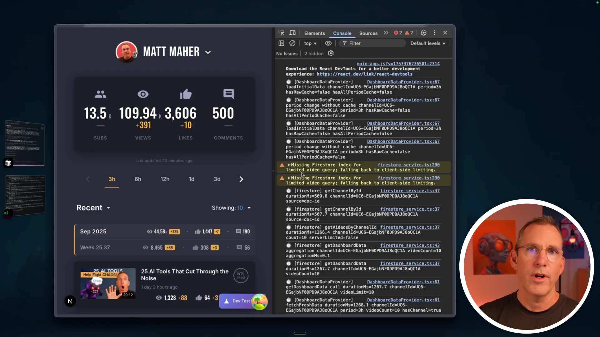 The image displays a software interface, likely a dashboard or analytics tool, alongside a video feed of a person. The interface shows various metrics, including '13.5' under 'SUBS', '109.94' under 'VIEWS', '3,606' under an unclear label, and '500' under 'COMMENTS'. There are also trending metrics like '+391' for views and '-10' for comments. The dashboard includes a timeline with options like '3h', '6h', '12h', '1d', and '3d'. Below, there are entries for 'Sep 2025' and 'Week 25.37' with associated numbers. The interface also shows a list of articles or content, such as '25 AI TOOLS Help FREE CHAOS' and 'AI Tools That Cut Through the Noise'. The person in the video feed is a light-skinned man with glasses, looking directly at the camera with a concerned expression. The overall composition suggests a presentation or analysis of data and trends.