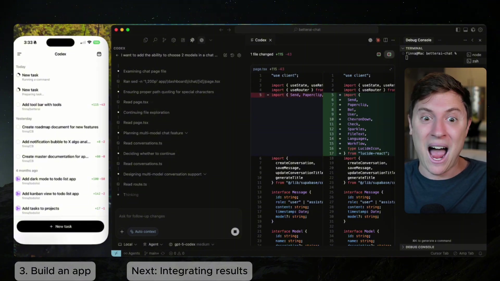 Mobile Codex app and IDE with code diff and thinking status