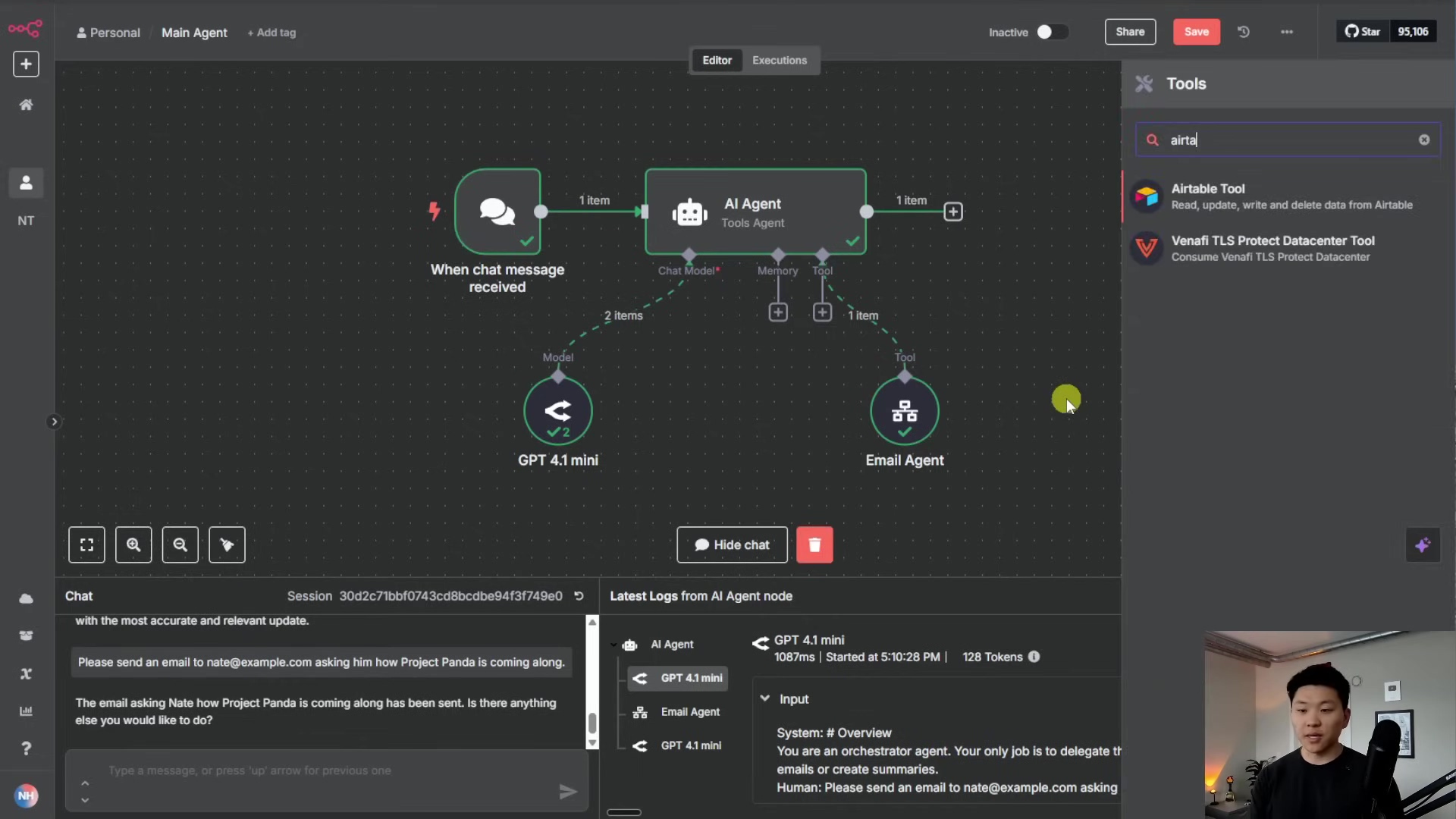 The image shows the n8n workflow editor interface, similar to the previous image, with a node-based workflow featuring 'When chat message received', 'GPT 4.1 mini', 'AI Agent (Tools Agent)', and 'Email Agent' nodes. On the right side, a 'Tools' panel is open, displaying a search bar with 'airtai' typed in and a list of available tools: 'Airtable Tool' and 'Venafi TLS Protect Datacenter Tool'. The 'Airtable Tool' has a description 'Read, update, write and delete data from Airtable'. The 'Venafi TLS Protect Datacenter Tool' has a description 'Consume Venafi TLS Protect Datacenter'. The 'Chat' and 'Latest Logs from AI Agent node' panels are visible below the main workflow, showing a conversation and log details. The log shows 'GPT 4.1 mini' with details '108ms | Started at 5:10:28 PM | 128 Tokens'. A person is visible in the bottom right corner, looking at the screen.
