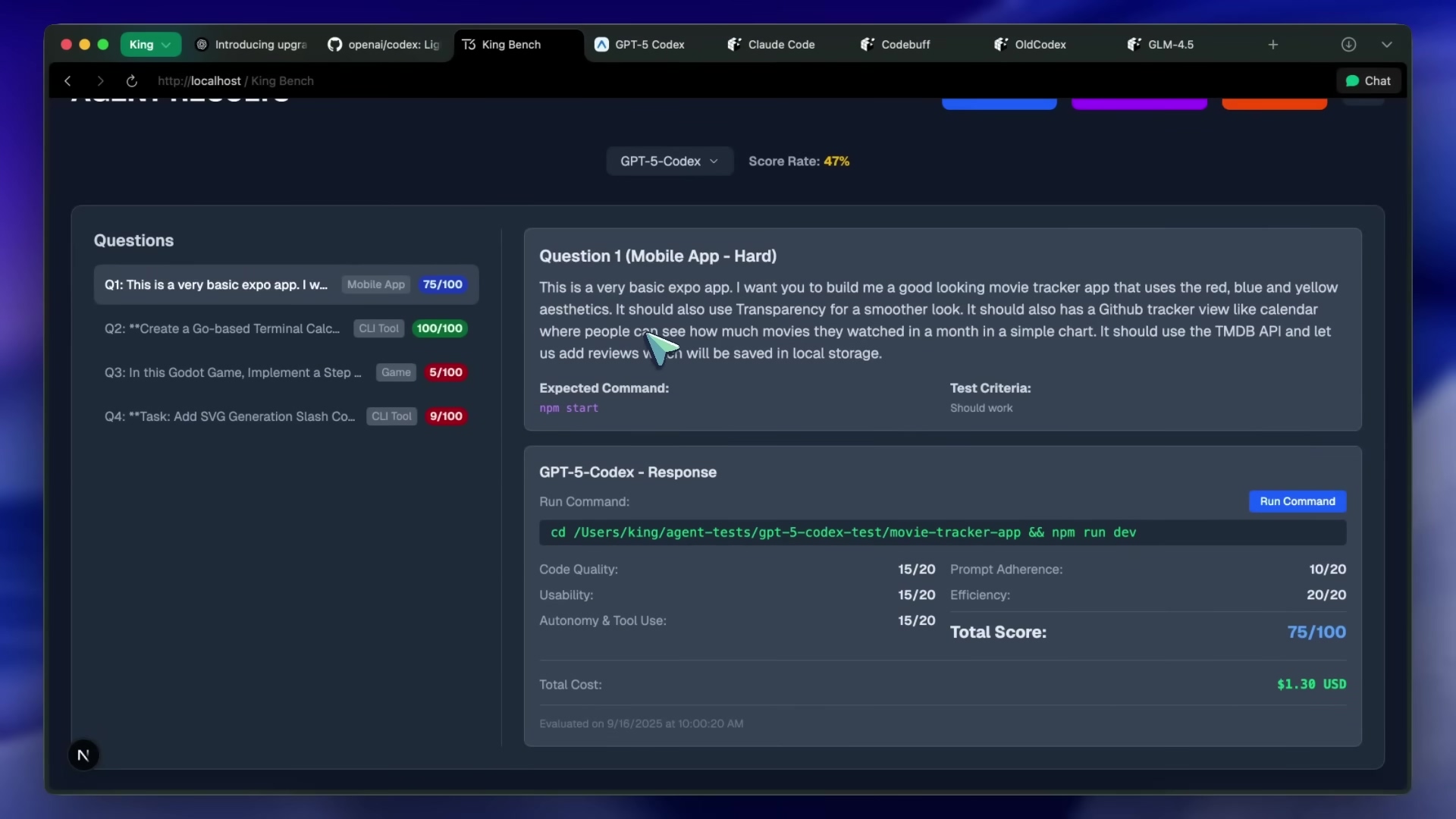 The image shows a software interface with a dark theme. The title bar reads 'http://localhost/ King Bench'. The main heading is 'GPT-5-Codex' with a 'Score Rate: 47%'. There are four questions listed: 'Q1: This is a very basic expo app. I w...', 'Q2: **Create a Go-based Terminal Calc...', 'Q3: In this Godot Game, Implement a Step...', and 'Q4: **Task: Add SVG Generation Slash Co...'. Each question has a score out of 100. The first question is 'Mobile App 75/100'. The second question is 'CLI Tool 100/100'. The third question is 'Game 5/100'. The fourth question is 'CLI Tool 9/100'.