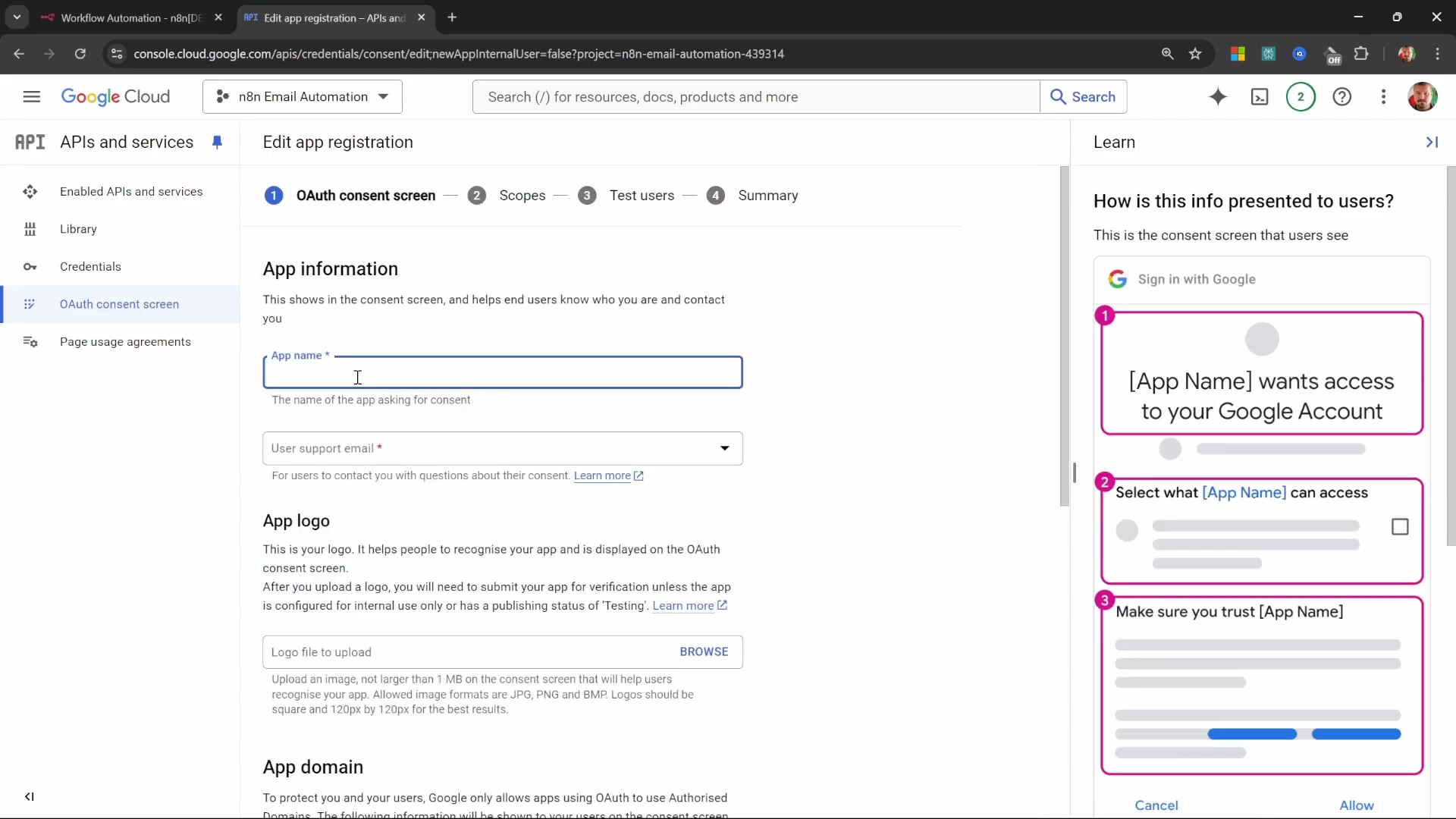 Google Cloud console OAuth consent screen app information
