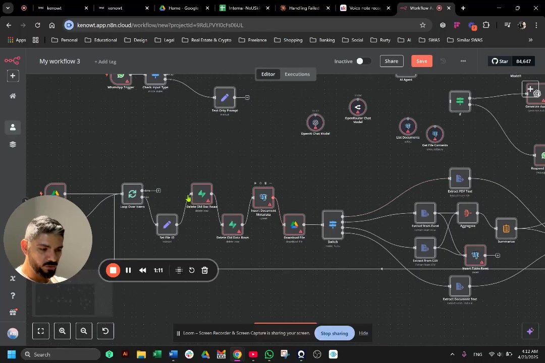 The image displays an n8n workflow interface, characterized by a dark background with interconnected nodes representing various automation steps. A prominent circular webcam overlay of a man's face is visible in the lower-left corner. The workflow includes nodes such as 'WhatsApp Trigger', 'Text Only Prompt', 'OpenRouter Chat Model', 'List Documents', 'Get File Contents', 'Extract PDF Text', 'Extract from Excel', 'Extract from CSV', 'Aggregate', 'Summarize', 'Insert Table Rows', 'Extract Document Text', 'Loop Over Items', 'Set File ID', 'Delete Old Doc Rows', 'Insert Document Metadata', 'Download File', and 'Switch'. Several nodes are marked with red exclamation points, indicating a need for credential updates. At the top, browser tabs are open, and the n8n application URL is visible. A Loom recording control bar is present at the bottom, showing a timestamp of 1:11.