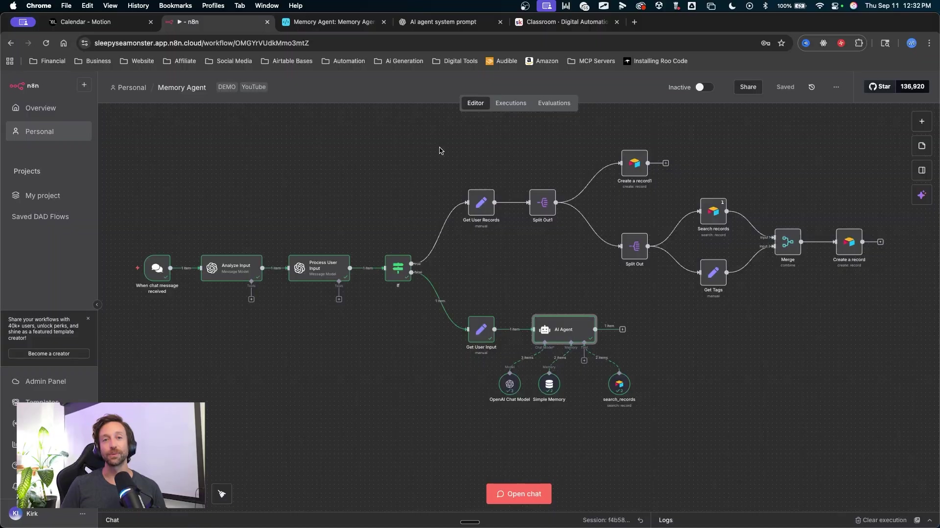 The image displays a complex n8n workflow diagram on a dark grey grid background, illustrating the flow of data and processes for an AI agent. The workflow starts with a "When chat message received" node, leading to "Analyze Input" and "Process User Input" nodes. An 'If' condition node then branches the workflow. One path leads to "Get User Records," "Split Out1," "Search records," and "Get Tags" before merging and creating a record. The other path leads to "Get User Input" and an "AI Agent" node, which connects to "OpenAI Chat Model," "Simple Memory," and "search_records" nodes. The top of the screen shows browser tabs, including "n8n" and "Memory Agent: Memory Agent," along with various application icons and a timestamp "Thu Sep 11 12:32 PM". A sidebar on the left shows n8n navigation options like "Overview," "Personal," "Projects," and "Saved DAD Flows." At the bottom left, a small video feed shows a man with headphones, identified as "Kirk," speaking into a microphone. A red "Open chat" button is visible at the bottom center.