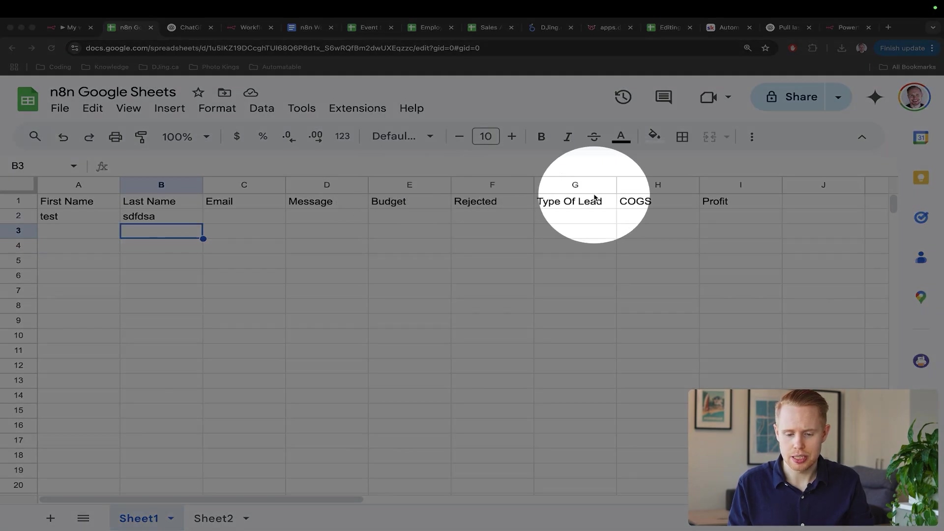 Google Sheets document with column headers and highlight on