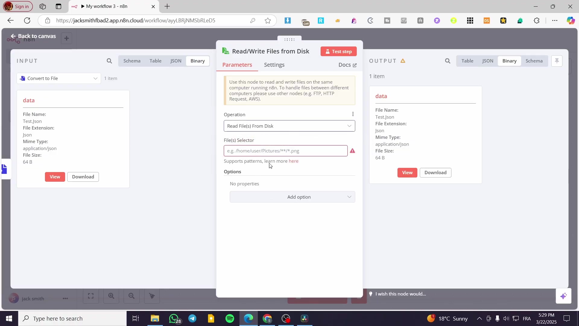 n8n Read/Write Files from Disk node settings for reading