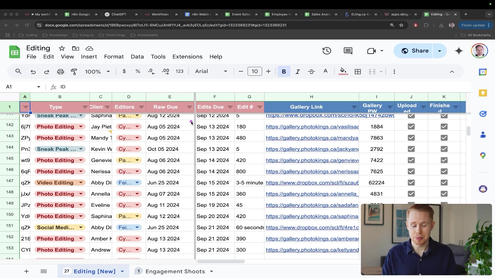 Google Sheets editing tracker with 'Finished' column checkbo
