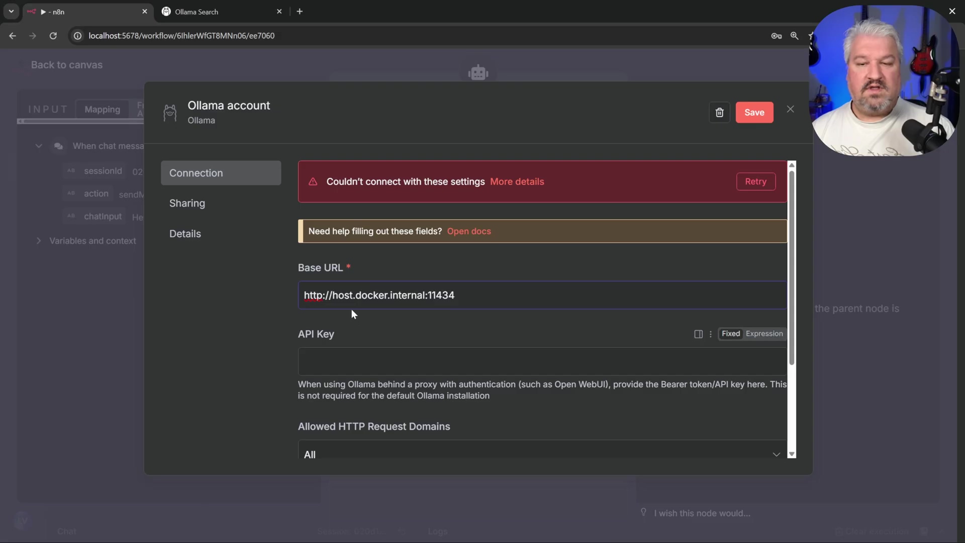 n8n Ollama account configuration with 'http://host.docker.in
