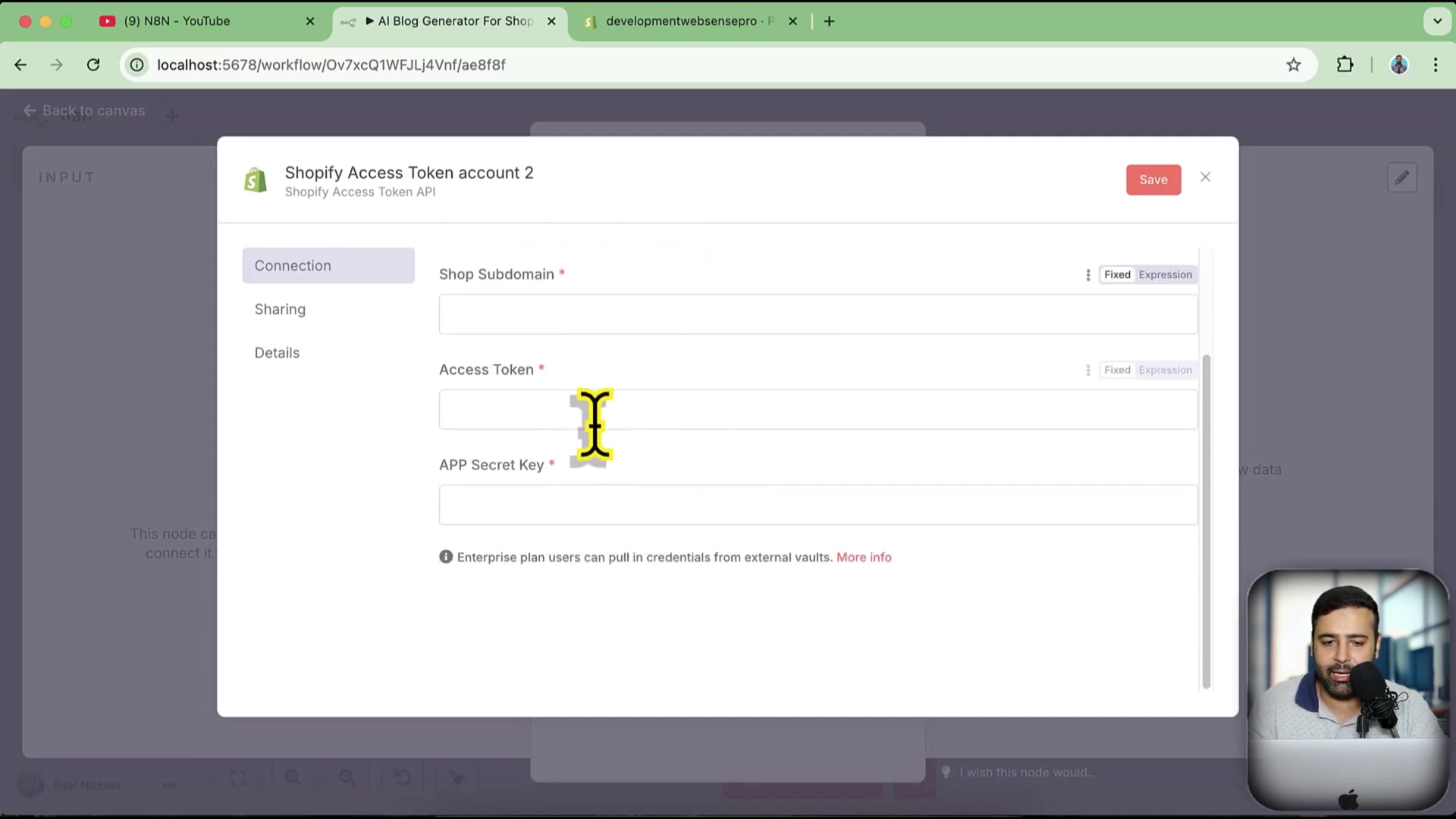 N8N Shopify access token configuration fields