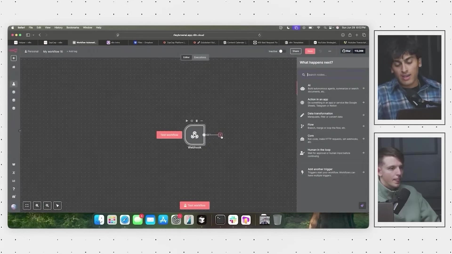 The image displays the n8n workflow interface, focusing on adding new nodes to a workflow. A 'Test workflow' button is visible at the bottom left, connected to a 'Webhook' node. A search bar labeled 'What happens next?' is prominent on the right, with a list of suggested node types below it. These include 'AI', 'Action in an app', 'Data transformation', 'Flow', 'Core', 'Human in the loop', and 'Add another trigger'. Each suggestion has a brief description. The top right corner shows 'Save' and a numerical value '113,269'. Two male presenters are visible in inset frames on the right, observing the screen.
