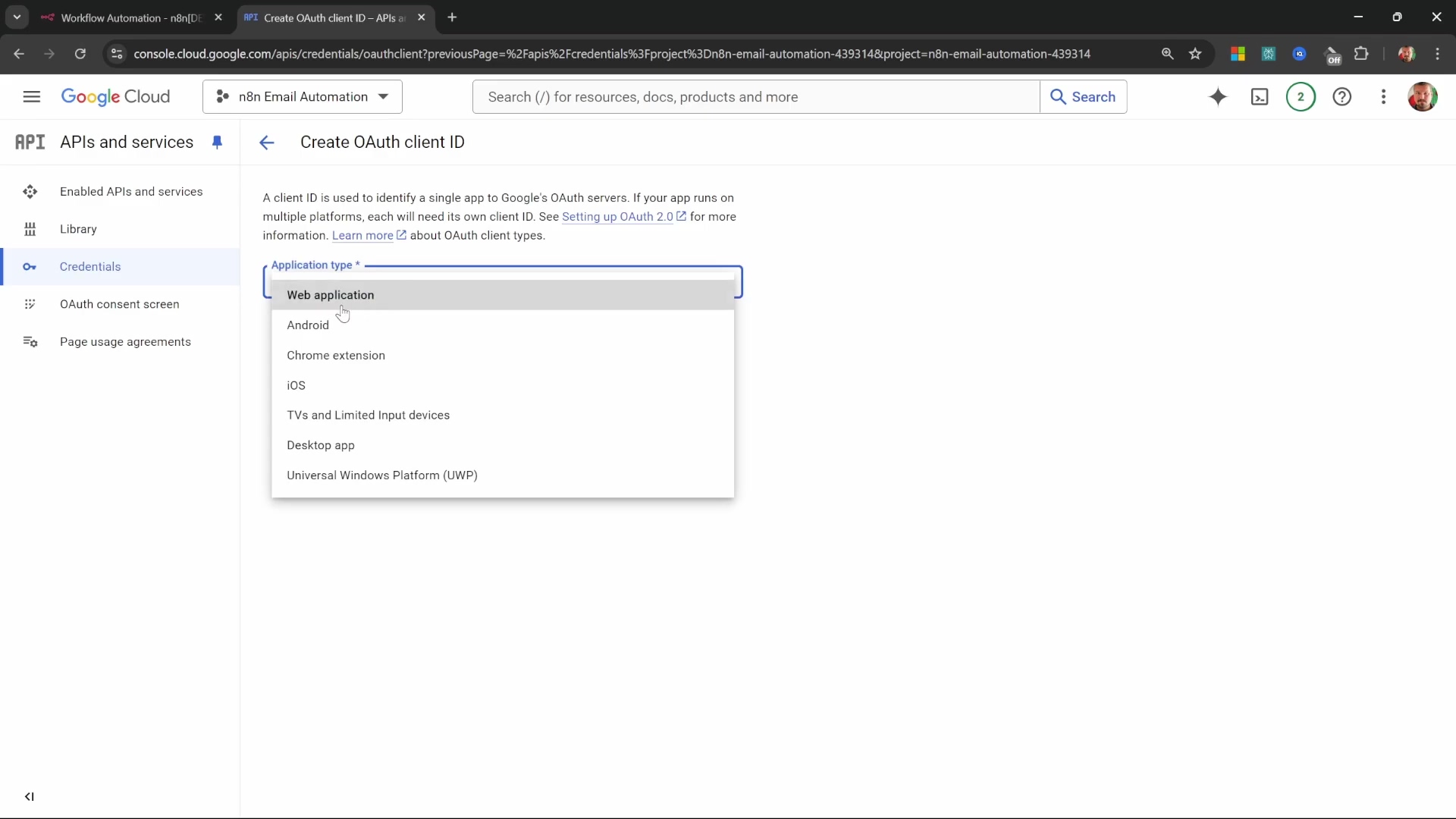 Google Cloud console OAuth client ID application type select