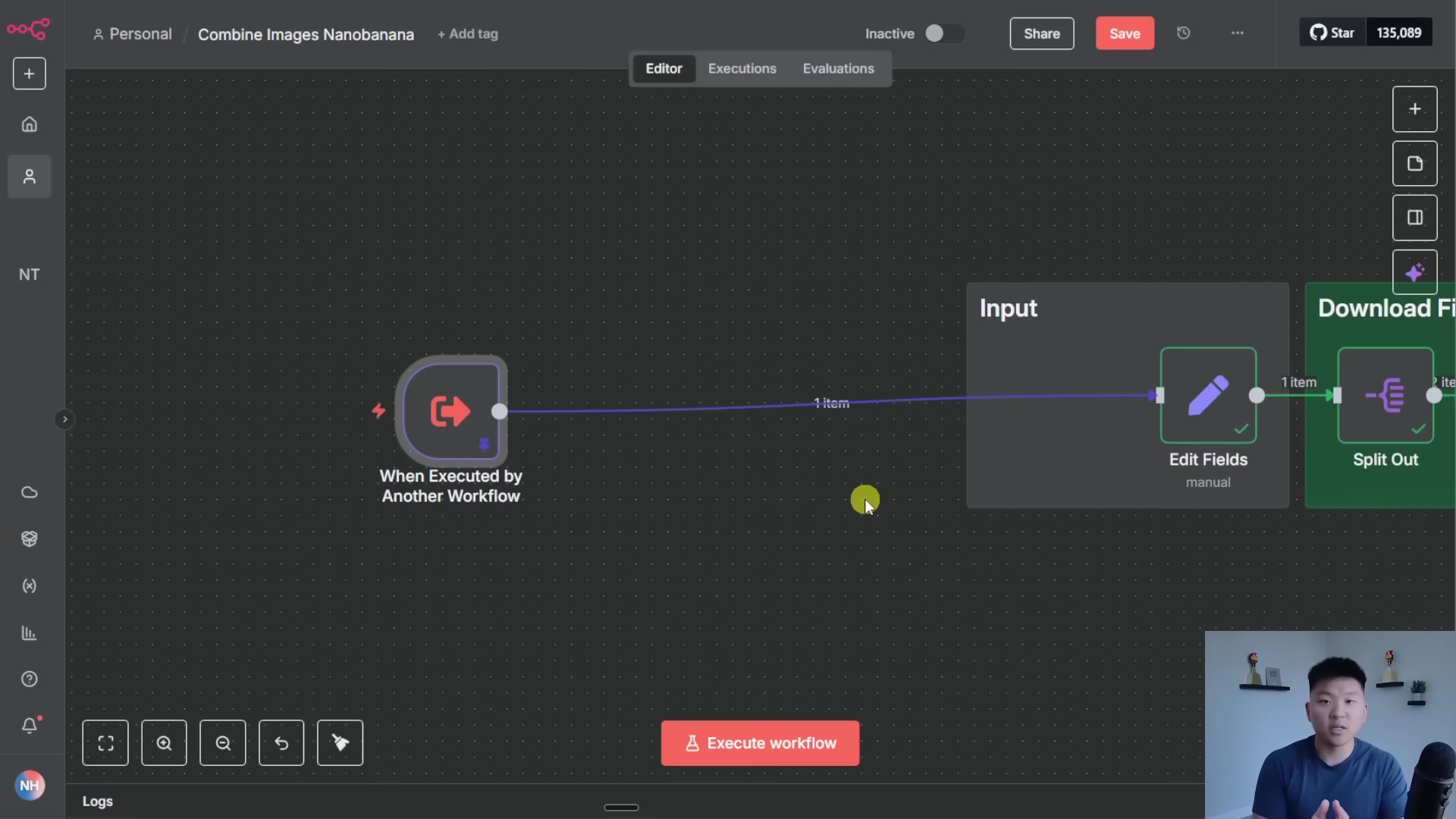 The image displays a software interface, likely a workflow automation tool, with a dark background. The top left shows 'Personal', 'Combine Images Nanobanana', and '+ Add tag'. A navigation bar on the left has icons for various functions. The main area features a flow diagram with interconnected nodes. Visible nodes include 'When Executed by Another Workflow', 'Input', 'Edit Fields', 'Download File', and 'Split Out'. Arrows indicate the flow of data, with '1 item' labels on some connections. At the top right, 'Inactive', 'Share', 'Save', and a 'Star' icon with '135,089' are visible. A red button at the bottom center says 'Execute workflow'. A man is visible in the bottom right corner of the screen, looking at the interface.