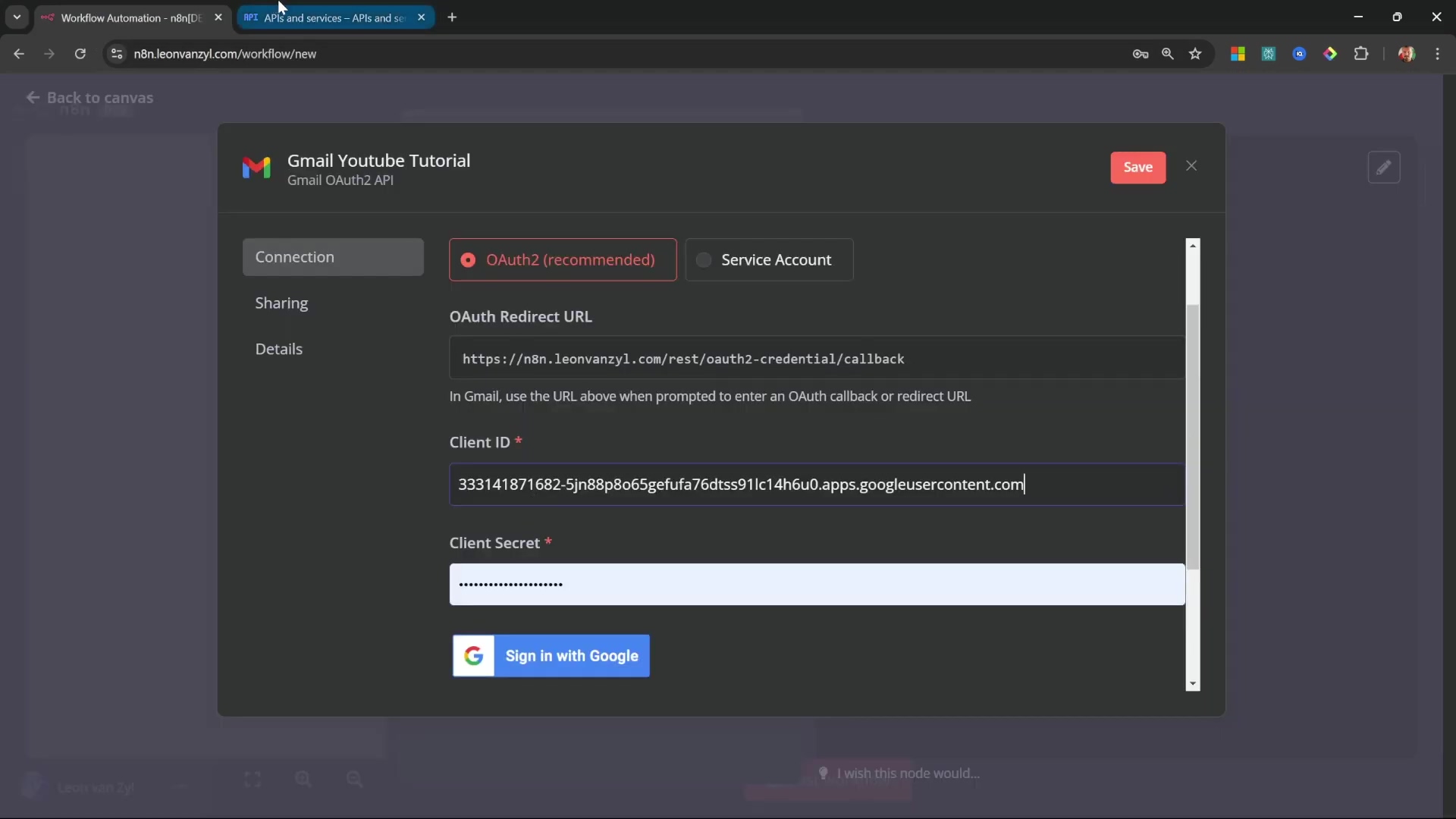 N8N Gmail credentials setup with OAuth2