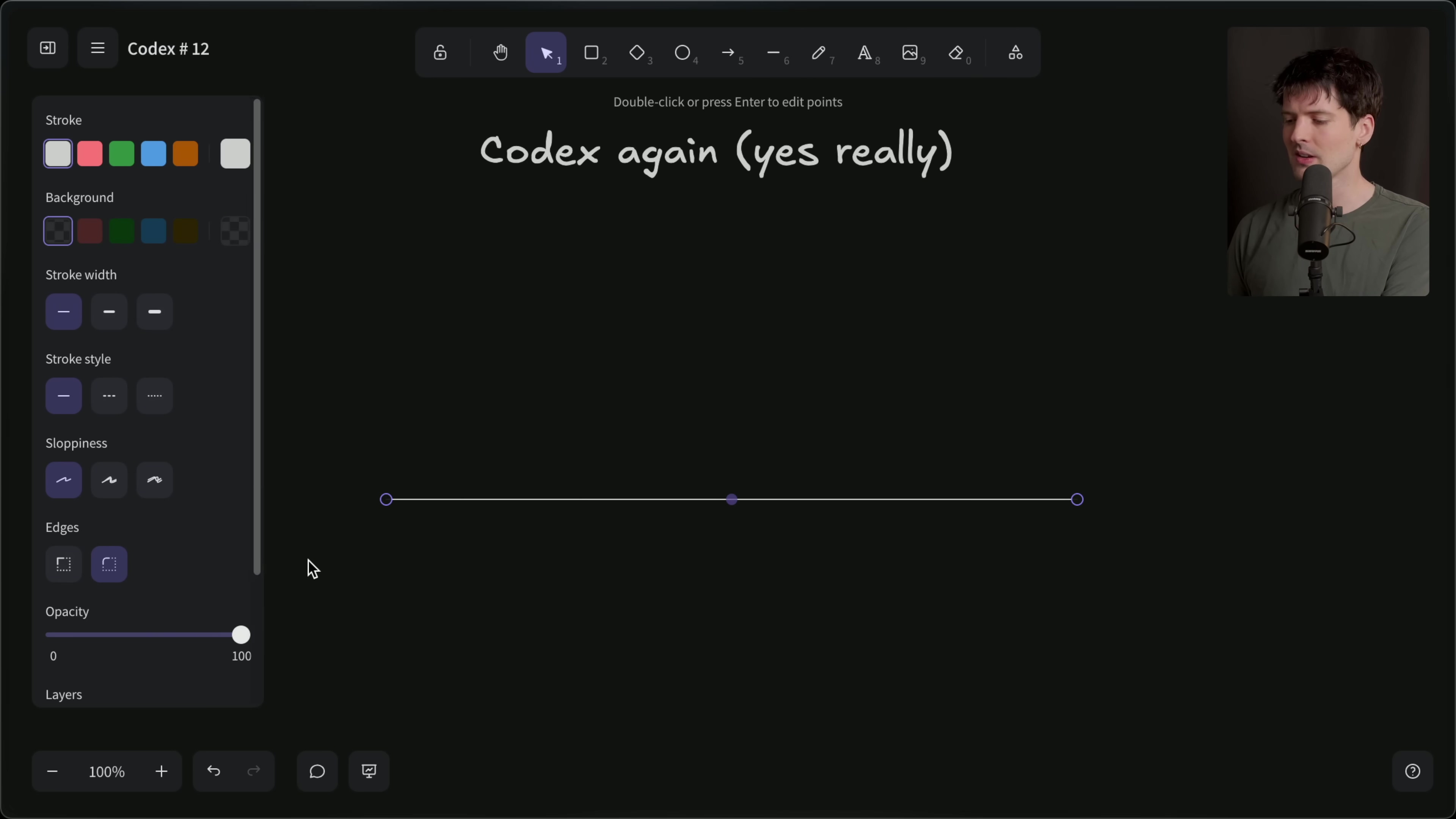Dark-themed interface for a drawing or design application with 'Codex again (yes really)'