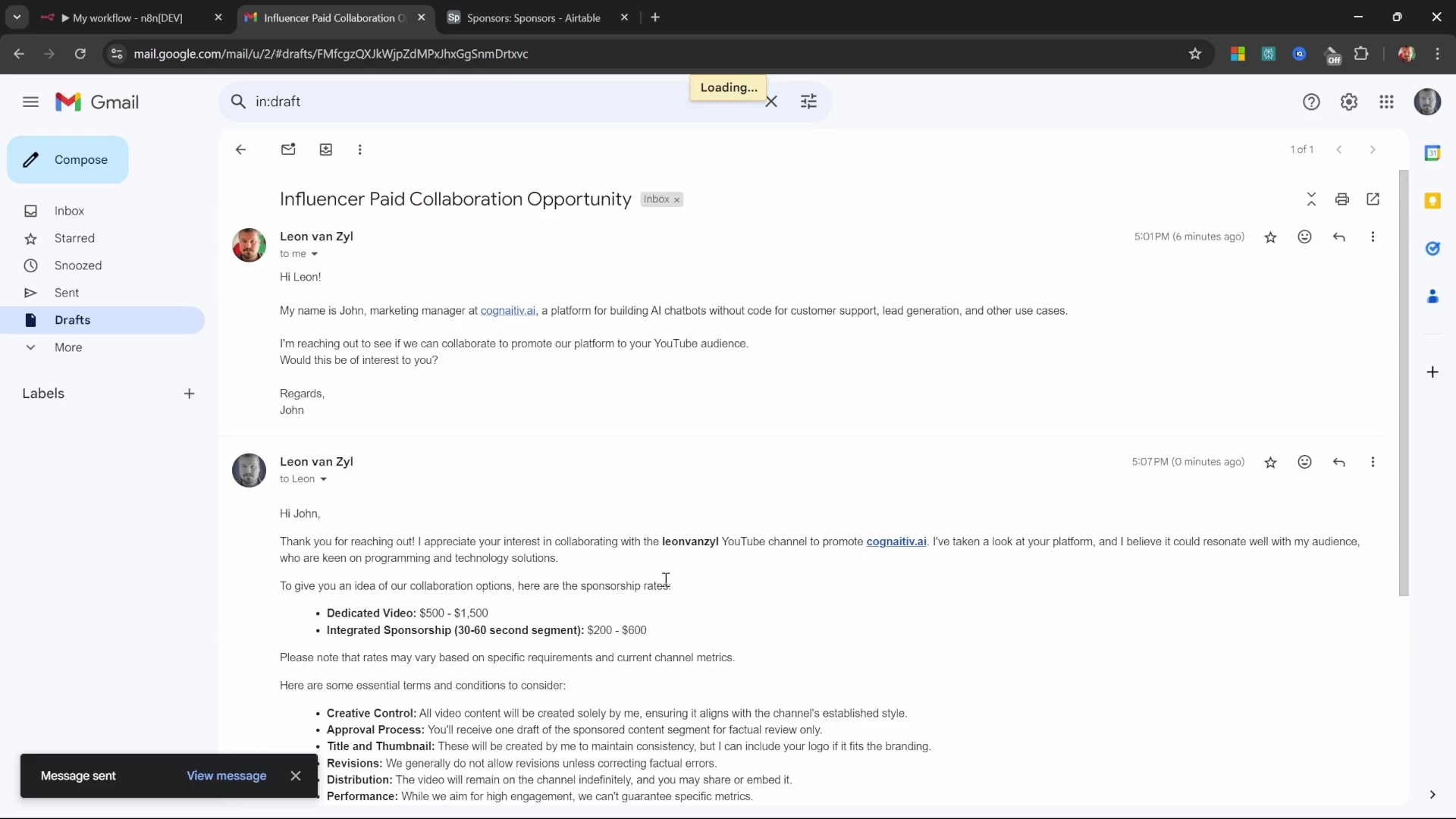 Gmail interface showing a drafted email with AI-generated co