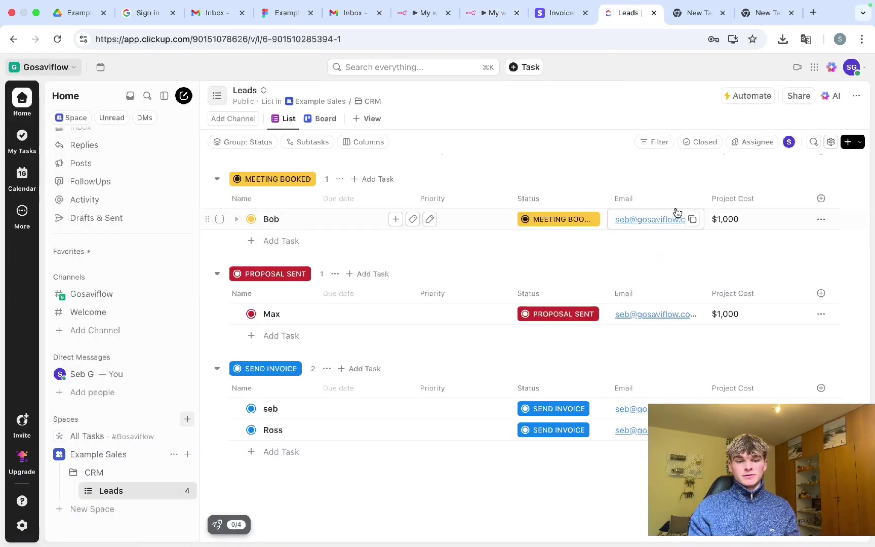ClickUp Leads list with tasks and custom fields