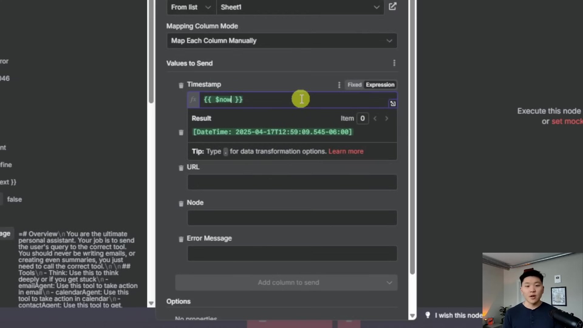 The image displays a section of the n8n workflow editor, focusing on configuring a 'Timestamp' field within a node. The left side of the screen shows a partial view of a workflow structure, including elements like 'Error', 'ID', 'URL', 'Name', 'Message', and 'false'. The main right panel is a configuration interface for a 'Timestamp' field. It has an input box with '{{ $now }}' pre-filled, indicating a dynamic value for the current time. Below the input, a 'Result' field shows '[DateTime: 2025-04-17T12:59:09.545-06:00]', which is a preview of the timestamp. A 'Tip' is provided for data transformation options. Further down, there are sections for 'URL', 'Node', and 'Error Message', each with a checkbox and an 'Add column to send' button. The bottom of the panel shows 'Options' and 'No properties'. A person is visible in the bottom right corner of the screen, looking at the interface.