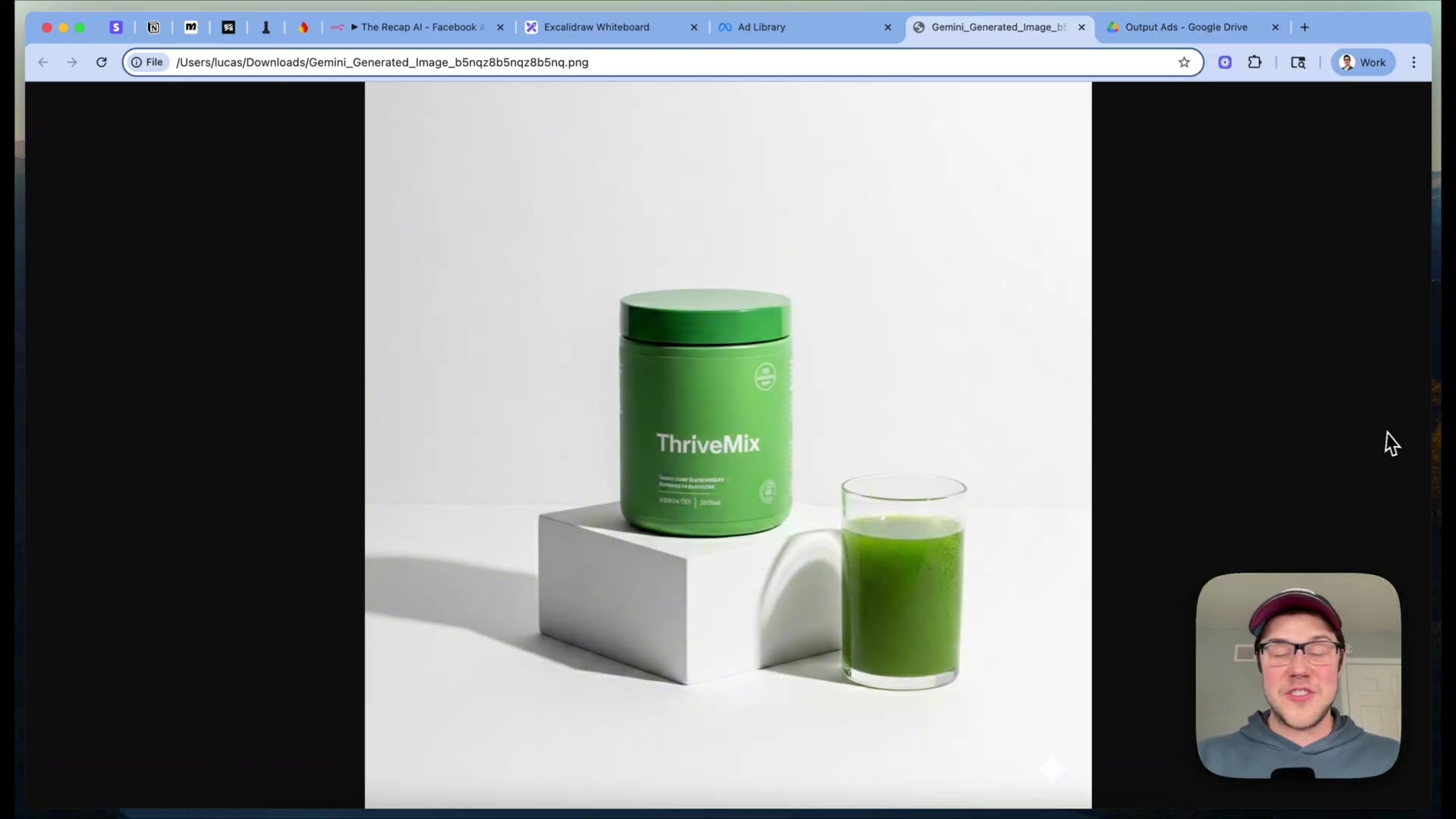 The image displays a product shot featuring a green container labeled "ThriveMix" and a glass of green liquid, presumably the mixed product. Both items are placed on white geometric blocks against a plain white background. A man's face is visible in the bottom right corner, suggesting a video call or screen recording context. The top of the screen shows browser tabs, including one for "The Recap AI - Facebook" and "Gemini_Generated_Image_b5nqzb8b5nq.png", indicating the image is a generated ad creative. The overall composition is clean and focused on the product.