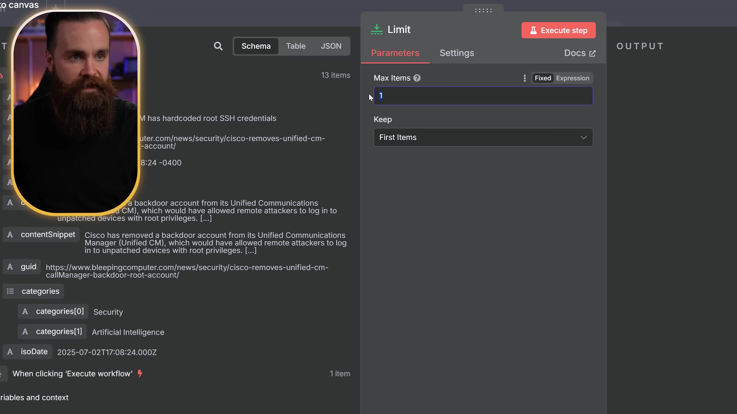 The image shows the n8n workflow editor, focusing on the configuration panel for a 'Limit' node. The presenter is visible on the left side of the screen. The 'Limit' node's settings are open, displaying 'Parameters', 'Settings', and 'Docs' tabs. Under 'Parameters', 'Max Items' is set to '1' using a numerical input field. Below this, 'Keep' is set to 'First items' via a dropdown menu. On the left, an 'INPUT' panel shows data from an 'RSS Read' node, similar to the previous image, including 'title', 'creator', 'link', 'pubDate', 'content', 'contentSnippet', 'guid', and 'categories'.