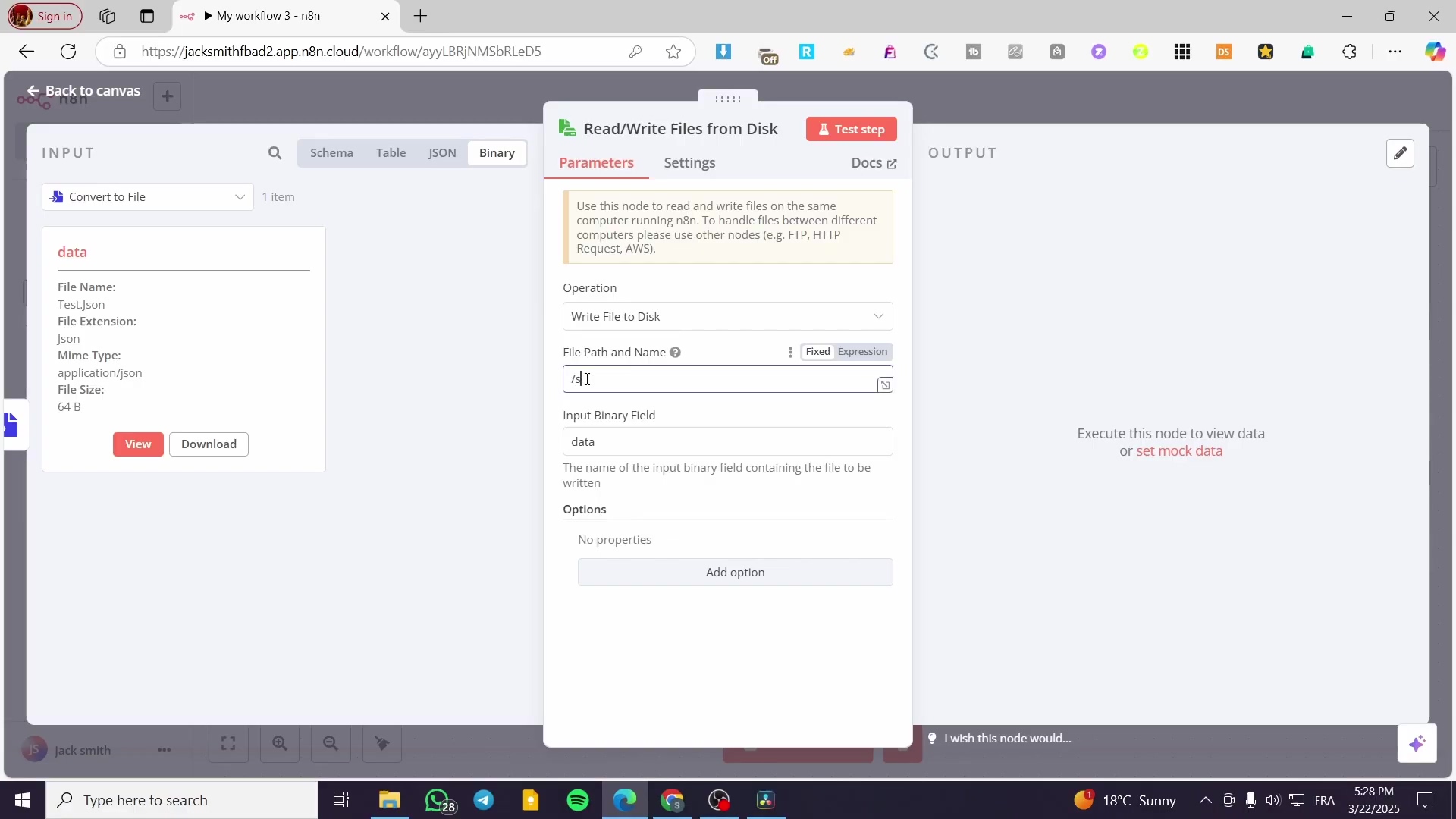 n8n Read/Write Files from Disk node settings for writing