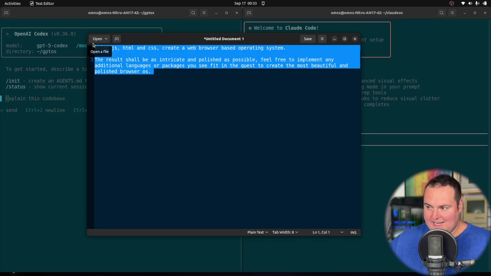 Web browser OS creation prompt in text editor