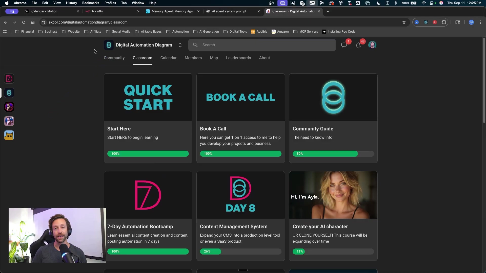 The image displays a web interface for 'Digital Automation Diagram' on skool.com, similar to the previous image but with different content. Six cards are visible, titled 'QUICK START', 'BOOK A CALL', 'Community Guide', '7-Day Automation Bootcamp', 'Content Management System', and 'Create your AI character'. Each card has a description and a completion percentage, with some showing less than 100% completion. The top navigation bar includes 'Community', 'Classroom', 'Calendar', 'Members', 'Map', 'Leaderboards', and 'About'. A search bar and user profile icons are also present. A small video of a man speaking is overlaid on the bottom left corner of the screen.