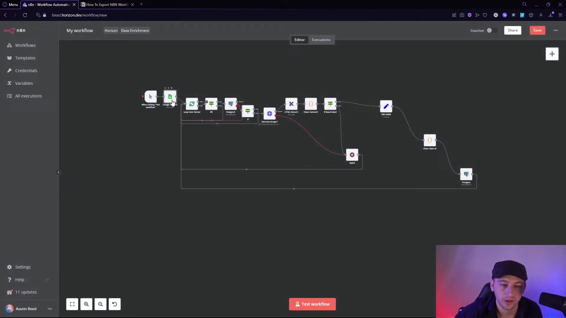 The image displays the n8n workflow automation interface. A complex workflow is shown with multiple interconnected nodes, including 'Google Sheets', 'Edit Fields', 'Postgres', 'OpenAI', and 'ZenRows Scrape'. The 'ZenRows Scrape' node is highlighted, showing its configuration panel on the right side of the screen. The panel displays fields for 'URL', 'API Key', and 'Parameters'. A user is visible in the bottom right corner of the screen, looking at the interface. The top navigation bar includes options like 'My workflow', 'Horizon', 'Data Enrichment', 'Edit', 'Executions', 'Inactive', 'Share', and 'Save'. The left sidebar shows 'Workflows', 'Templates', 'Credentials', 'Variables', and 'All executions'. At the bottom left, 'Settings', 'Help', and '11 updates' are visible, along with the user's profile picture and name 'Austin Reed'. A 'Test workflow' button is at the bottom center.
