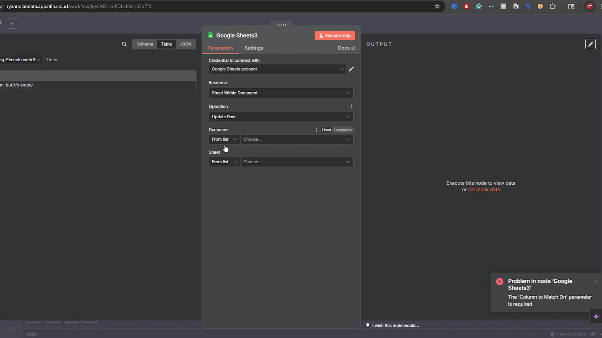 The image displays a dark-themed n8n workflow interface, focusing on the configuration panel for a 'Google Sheets3' node. The panel is open to the 'Parameters' tab, showing various dropdowns and input fields for connecting to a Google Sheets account, specifying a sheet within a document, and defining an 'Update Row' operation. An error message is visible in the bottom right corner, stating "Problem in node 'Google Sheets3' The 'Column to Match On' parameter is required". The left sidebar shows 'Logs' and a 'Workflow' panel with '1 Item' and the text 'Run, but it's empty.'. The top bar includes the n8n logo, a search bar, and various icons. The right side of the screen shows an 'OUTPUT' panel which is currently empty.