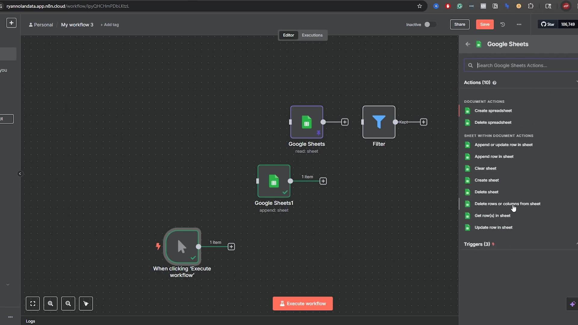 The image shows an n8n workflow editor with several interconnected nodes. On the left, a 'When clicking 'Execute workflow'' trigger node is connected to a 'Google Sheets1: append sheet' node. Above it, a 'Google Sheets: read sheet' node is connected to a 'Filter' node, which then connects to a 'Keep' node. On the right, a sidebar titled 'Google Sheets' is open, displaying a search bar and a list of available actions categorized under 'DOCUMENT ACTIONS' and 'SHEET WITHIN DOCUMENT ACTIONS'. The 'Append or update row in sheet' action is highlighted, indicating it's about to be selected or has just been selected. A red error message at the bottom right states 'Problem in node 'Google Sheets1' Could not get parameter'. The overall interface is in dark mode.