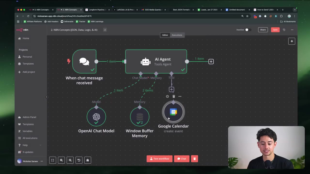 The image shows an n8n workflow diagram, illustrating the connection between several nodes. The workflow starts with a 'When chat message received' node, leading to an 'AI Agent' node labeled 'Tools Agent'. This 'AI Agent' node is connected to an 'OpenAI Chat Model' node and a 'Window Buffer Memory' node. Below the 'AI Agent' node, there's a 'Google Calendar' node with the text 'create event'. The nodes are connected with lines indicating data flow, and some lines have labels like '1 item' or '2 items'. The n8n interface includes a left sidebar with navigation options like 'Home', 'Projects', 'Templates', and 'Admin Panel'. At the bottom, there are workflow control buttons such as 'Test workflow' and 'Chat'. A person is visible in the bottom right corner, looking at the screen.