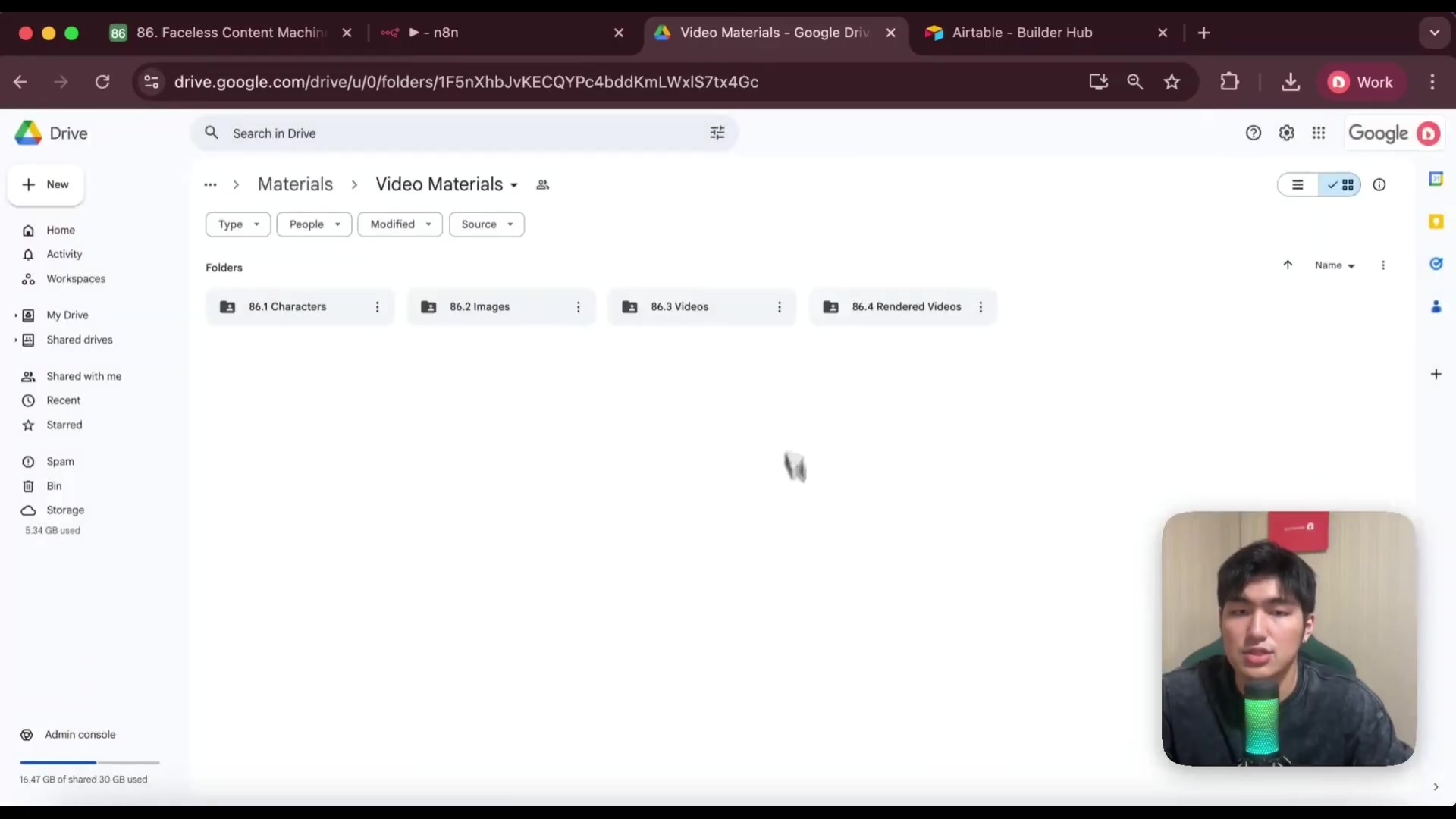 The image displays a Google Drive interface, showing a folder structure for 'Materials' and 'Video Materials'. Within 'Video Materials', there are four subfolders: '86.1 Characters', '86.2 Images', '86.3 Videos', and '86.4 Rendered Videos'. The main content area is mostly empty, indicating that the folders are currently being viewed or are empty. On the left sidebar, navigation options like 'New', 'My Drive', 'Shared drives', 'Shared with me', 'Recent', 'Starred', 'Spam', 'Bin', and 'Storage' are visible. At the bottom left, '16.47 GB of shared 30 GB used' indicates storage usage. A person is visible in the bottom right corner, speaking into a microphone.