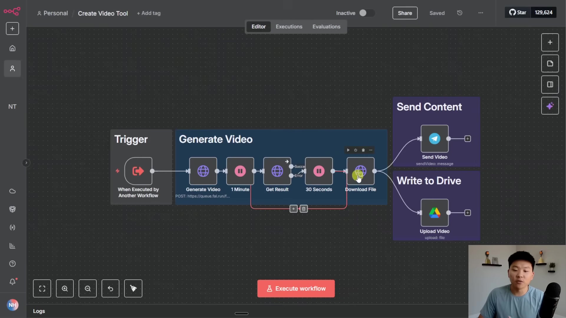 The image displays a dark-themed user interface of a workflow automation tool, similar to n8n, with a workflow specifically designed for video generation. The workflow starts with a 'Trigger' node, followed by a 'Generate Video' node, which includes sub-nodes like 'Generate Video' (with a POST URL 'https://queue.fai.run/...'), '1 Minute', 'Get Result', '30 Seconds', and 'Download Files'. The output from 'Download Files' branches into 'Send Content' (labeled 'sendVideo: message') and 'Write to Drive' (labeled 'Upload Video: upload: file'). The top bar shows 'Personal', 'Create Video Tool', '+ Add tag', 'Inactive', 'Share', 'Saved', and 'Star 129,624'. A sidebar on the left contains various navigation icons. At the bottom, a red button reads 'Execute workflow'. A man is visible in the bottom right corner, speaking to the camera.