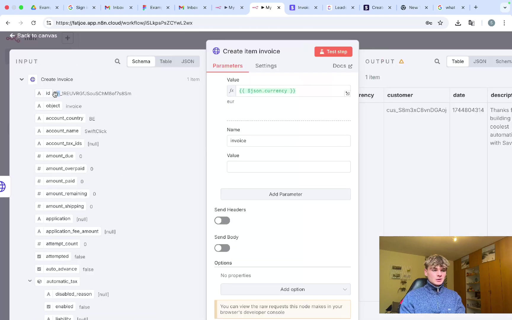 n8n input panel for 'Create item invoice' node