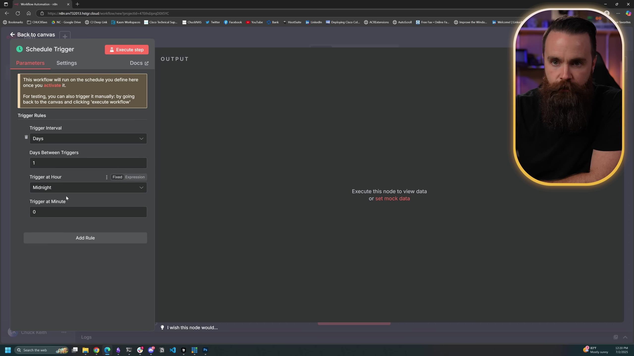The image shows the n8n workflow editor interface, focused on configuring a 'Schedule Trigger' node. On the left panel, under 'Schedule Trigger', there are two tabs: 'Parameters' and 'Settings'. The 'Parameters' tab is selected, displaying options for 'Trigger Rules'. These include 'Trigger Interval' set to 'Days' and 'Days Between Triggers' set to '1'. Below this, 'Trigger at Hour' is set to 'Midnight' and 'Trigger at Minute' is set to '0'. There's an 'Add Rule' button at the bottom of the panel. A message states, "This workflow will run on the schedule you define here once you activate it." and "For testing, you can also trigger it manually by going back to the canvas and clicking 'execute workflow'". The main canvas area on the right is mostly empty with text "Execute this node to view data or set mock data". A man with a beard is visible in a circular cutout on the right side of the screen, looking at the interface.