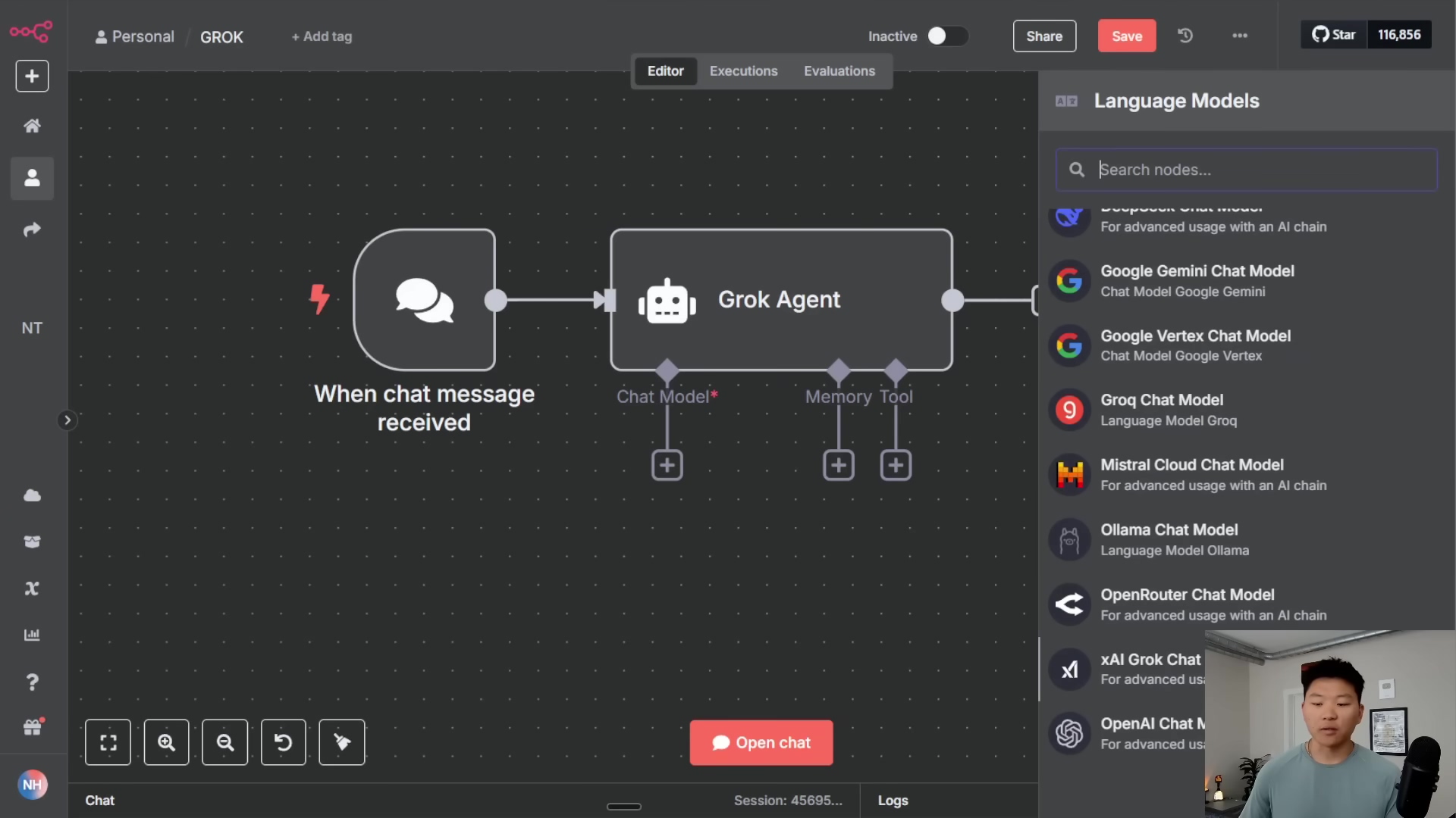 The image displays an n8n workflow interface with a dark theme. On the left, there's a vertical navigation bar with icons for home, users, settings, and other functions. The main canvas shows a workflow diagram with two connected nodes: 'When chat message received' and 'Grok Agent'. The 'Grok Agent' node has two additional connections labeled 'Chat Model' and 'Memory Tool'. On the right, a 'Language Models' panel lists various AI models such as Google Gemini Chat Model, Google Vertex Chat Model, Groq Chat Model, Mistral Cloud Chat Model, Ollama Chat Model, OpenRouter Chat Model, xAI Grok Chat, and OpenAI Chat M. A search bar is at the top of this panel. At the bottom, there's a chat interface with an 'Open chat' button. A person is visible in the bottom right corner, looking at the screen.