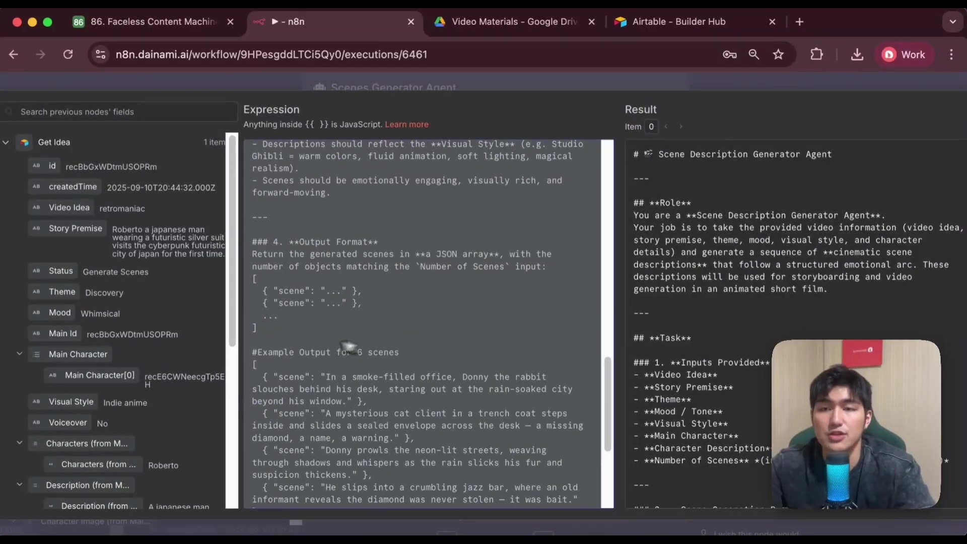 The image displays a split screen with a software interface on the left and a person speaking on the right. The left side displays a form or database entry with fields like "ID," "createdTime," "Video Idea," "Story Premise," "Status," "Theme," "Mood," "Visual Style," "Voiceover," "Characters (from...)", and "Description (from...)". The "Story Premise" field contains text about a "futuristic silver suit visiting a cyberpunk city." On the right, a text editor or code editor is visible, displaying an "Expression" section with instructions for generating scenes, including output format and an example of scenes. Below that, a "Role" and "Task" section describes the function of a "Scene Description Generator Agent" and lists inputs provided. The person on the right is looking towards the camera and speaking.