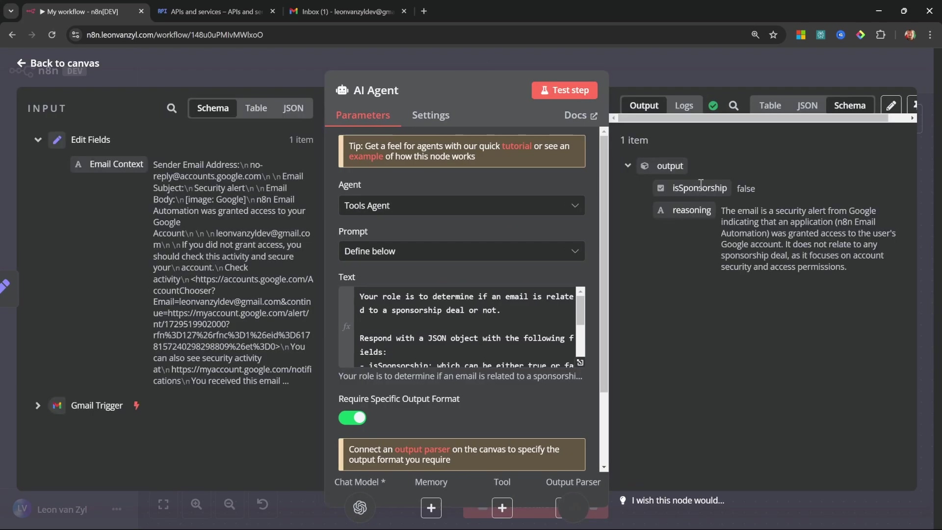 AI Agent node output showing non-sponsorship email classific