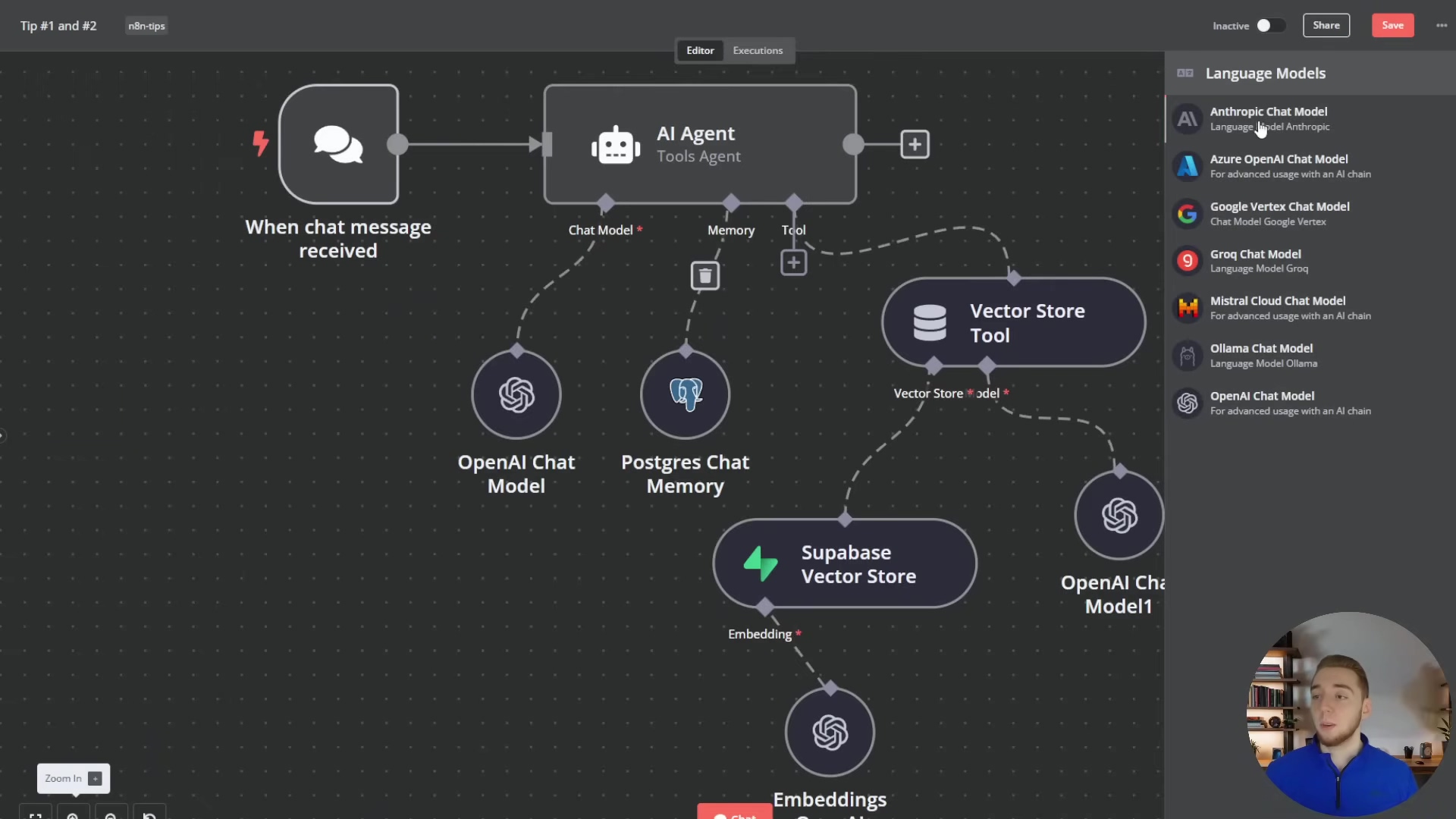 The image shows the n8n workflow interface with a dropdown menu open on the right side, labeled 'Language Models'. This menu lists various chat models, including 'Anthropic Chat Model', 'Azure OpenAI Chat Model', 'Google Vertex Chat Model', 'Grog Chat Model', 'Mistral Cloud Chat Model', 'Ollama Chat Model', and 'OpenAI Chat Model'. The main workflow remains visible in the background, featuring nodes like 'When chat message received', 'AI Agent Tools Agent', 'OpenAI Chat Model', 'Postgres Chat Memory', 'Vector Store Tool', 'Supabase Vector Store', and 'Embeddings'. The presenter is visible in the bottom right corner. The top left corner shows 'Tip #1 and #2' and 'n8n-tips'.
