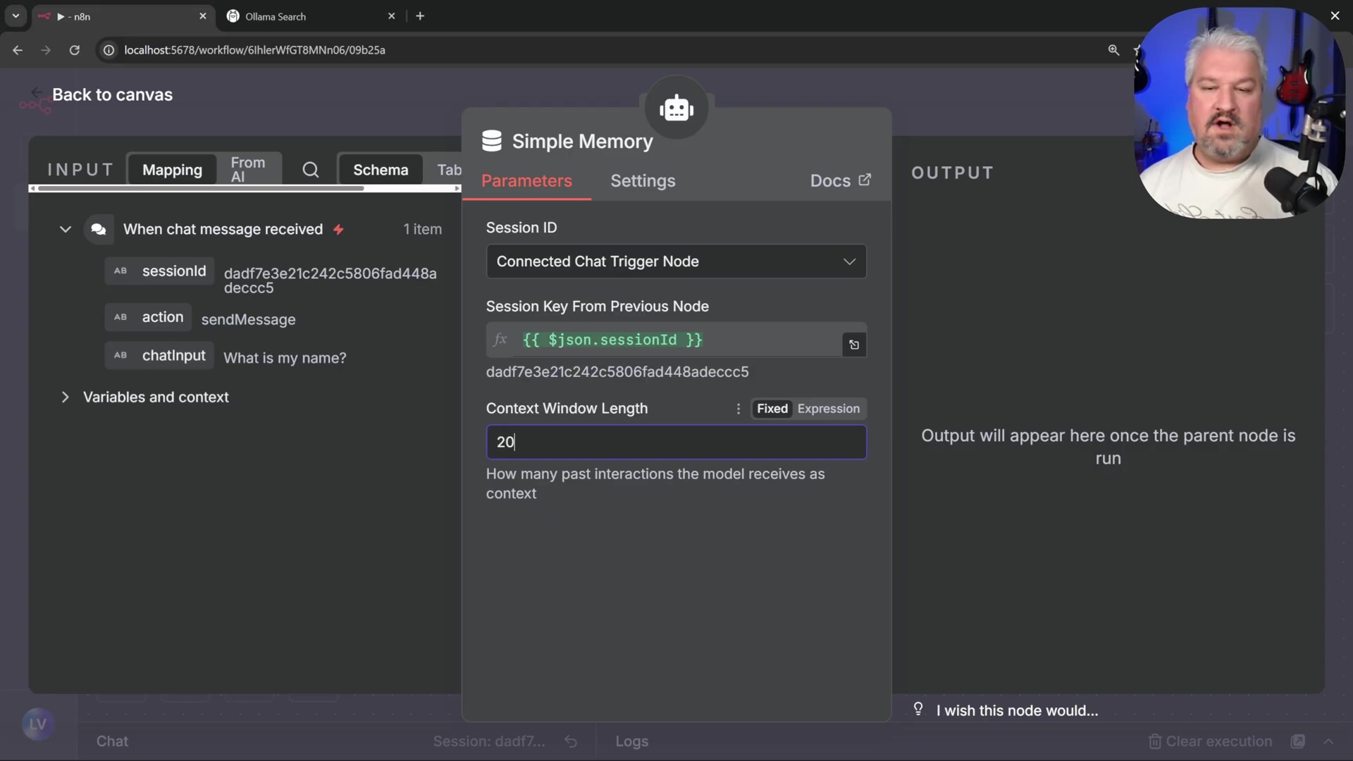 n8n 'Simple Memory' configuration panel with session ID and