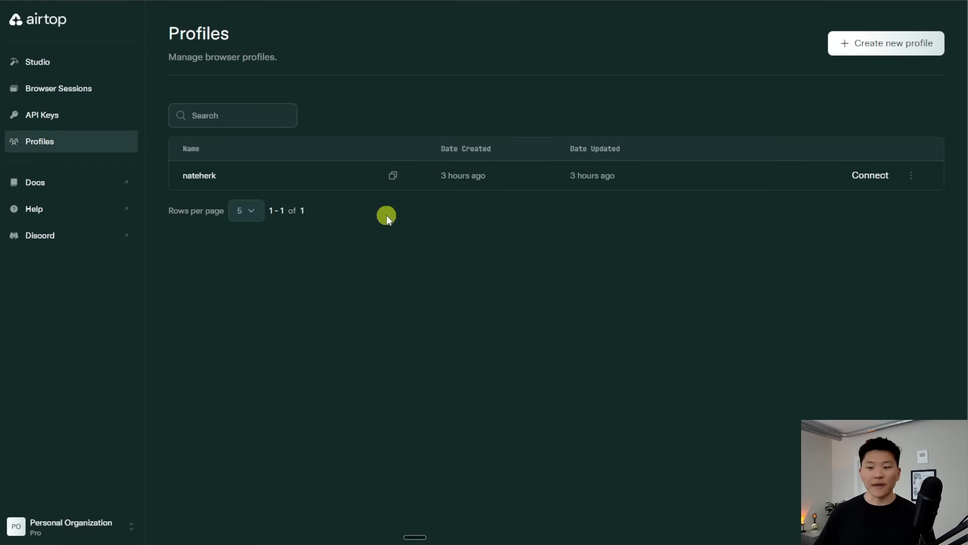 The image displays the 'Profiles' section of the Airtop web interface. The left sidebar shows navigation options: 'Studio', 'Browser Sessions', 'API Keys', 'Profiles', 'Docs', and 'Discord'. The main content area is titled 'Profiles' with the subtitle 'Manage browser profiles.' and a 'Create new profile' button. A search bar is present, and below it, a table lists existing profiles. One profile named 'natesherk' is visible, showing 'Date Created' and 'Date Updated' as '3 hours ago'. There are options to edit and connect the profile. At the bottom of the table, 'Rows per page' is set to '5', and '1-1 of 1' indicates a single entry.