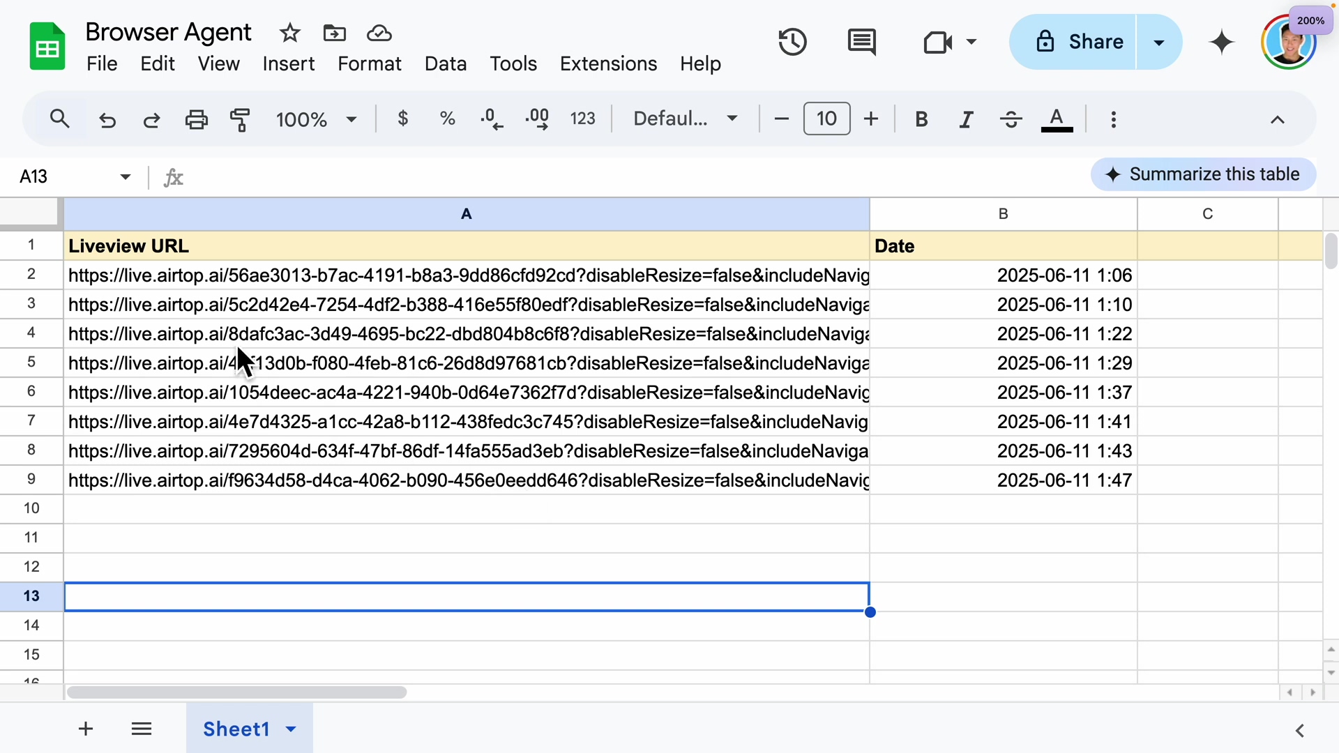Google Sheets Logging Liveview URLs
