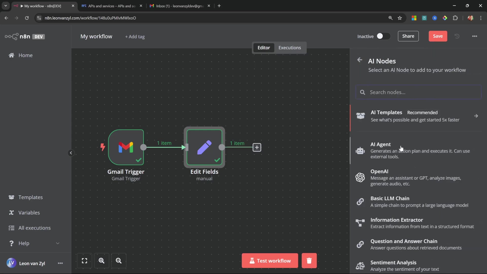 N8N workflow editor adding AI Agent node