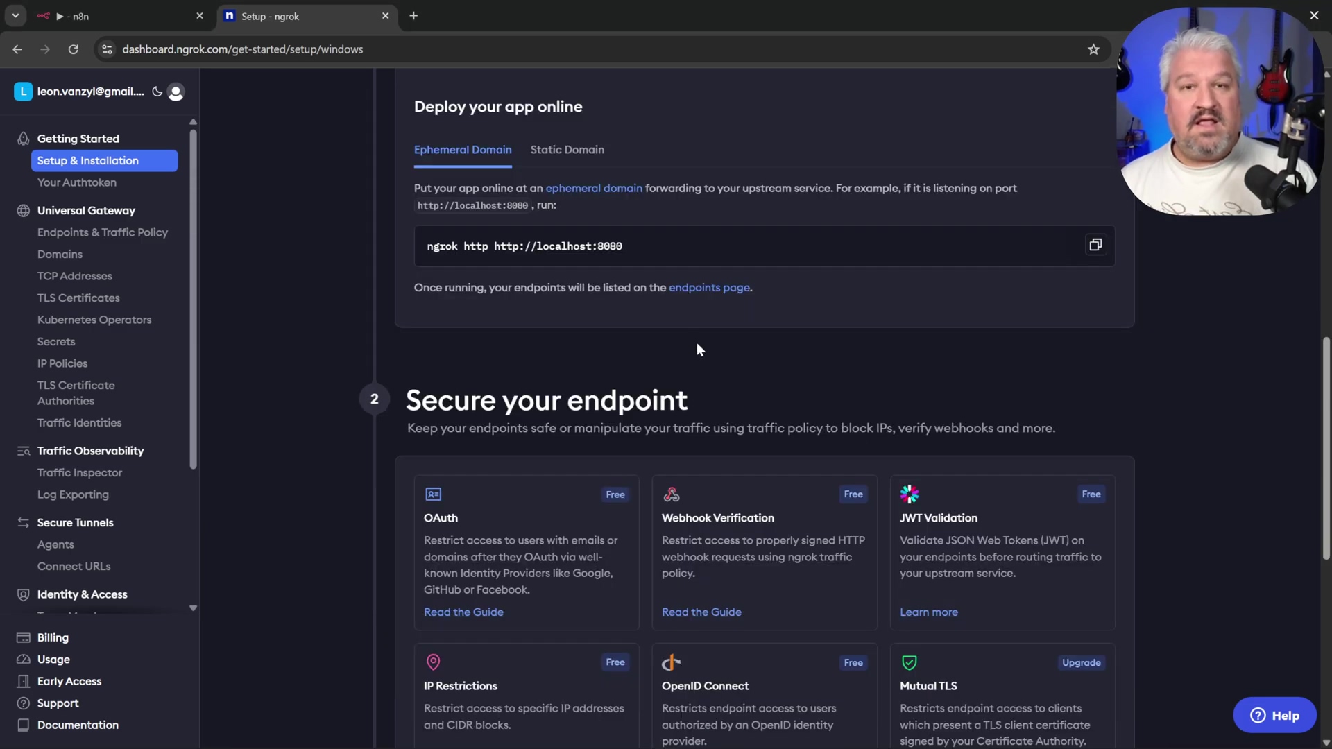 Ngrok dashboard showing setup instructions and features