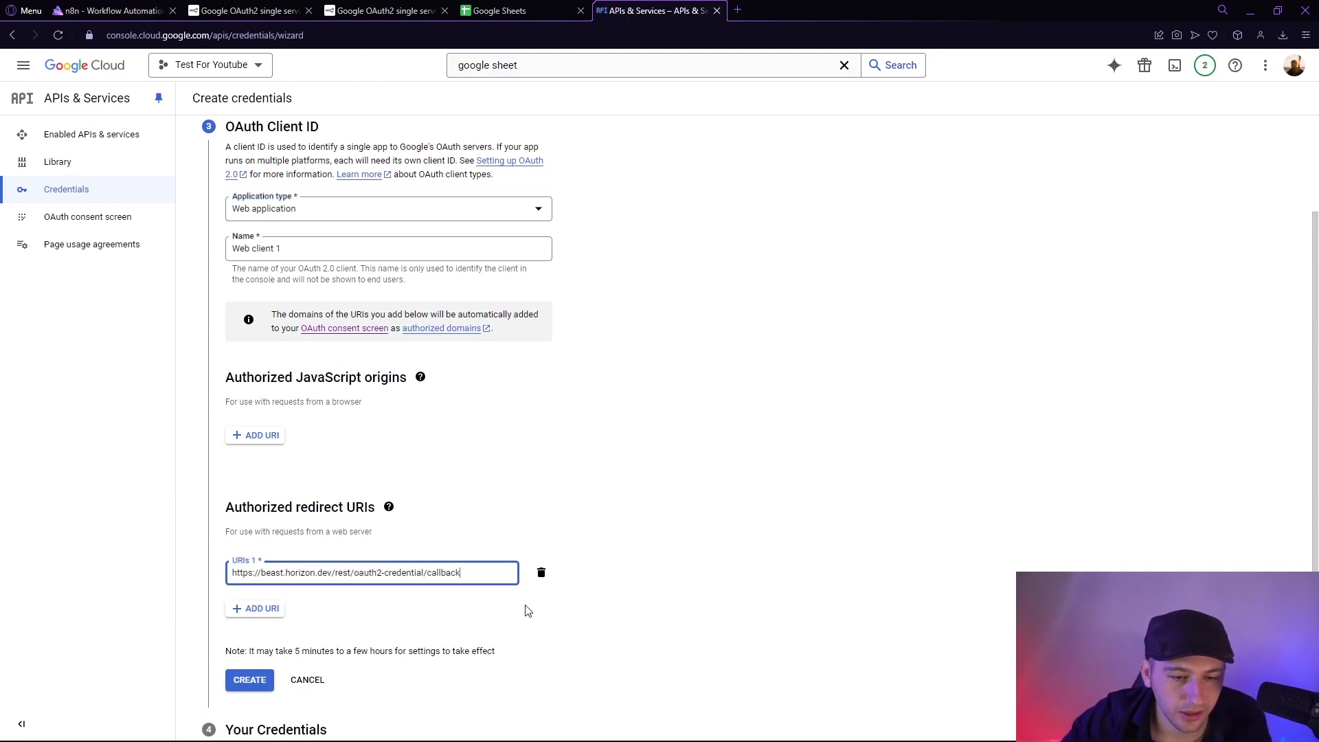 The image shows the 'Create credentials' page within the Google Cloud Console. The main section is titled 'OAuth Client ID' and displays fields for 'Application type' (set to 'Web application'), 'Name' (Web client 1), and 'Authorized redirect URIs'. A URL 'https://beast.horizon.dev/n8n/oauth2-credential/callback' is visible under 'Authorized redirect URIs'. Below this, there are 'CREATE' and 'CANCEL' buttons. A person is visible in the bottom right corner, looking at the screen.