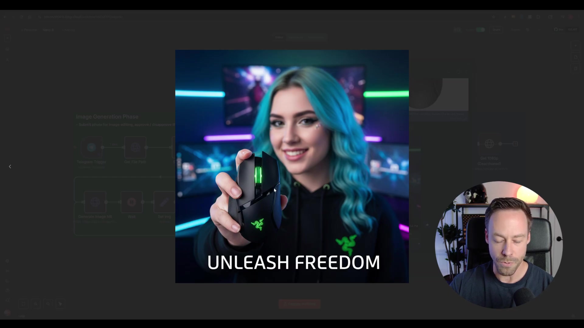 Woman holding a gaming mouse with "UNLEASH FREEDOM" text ove