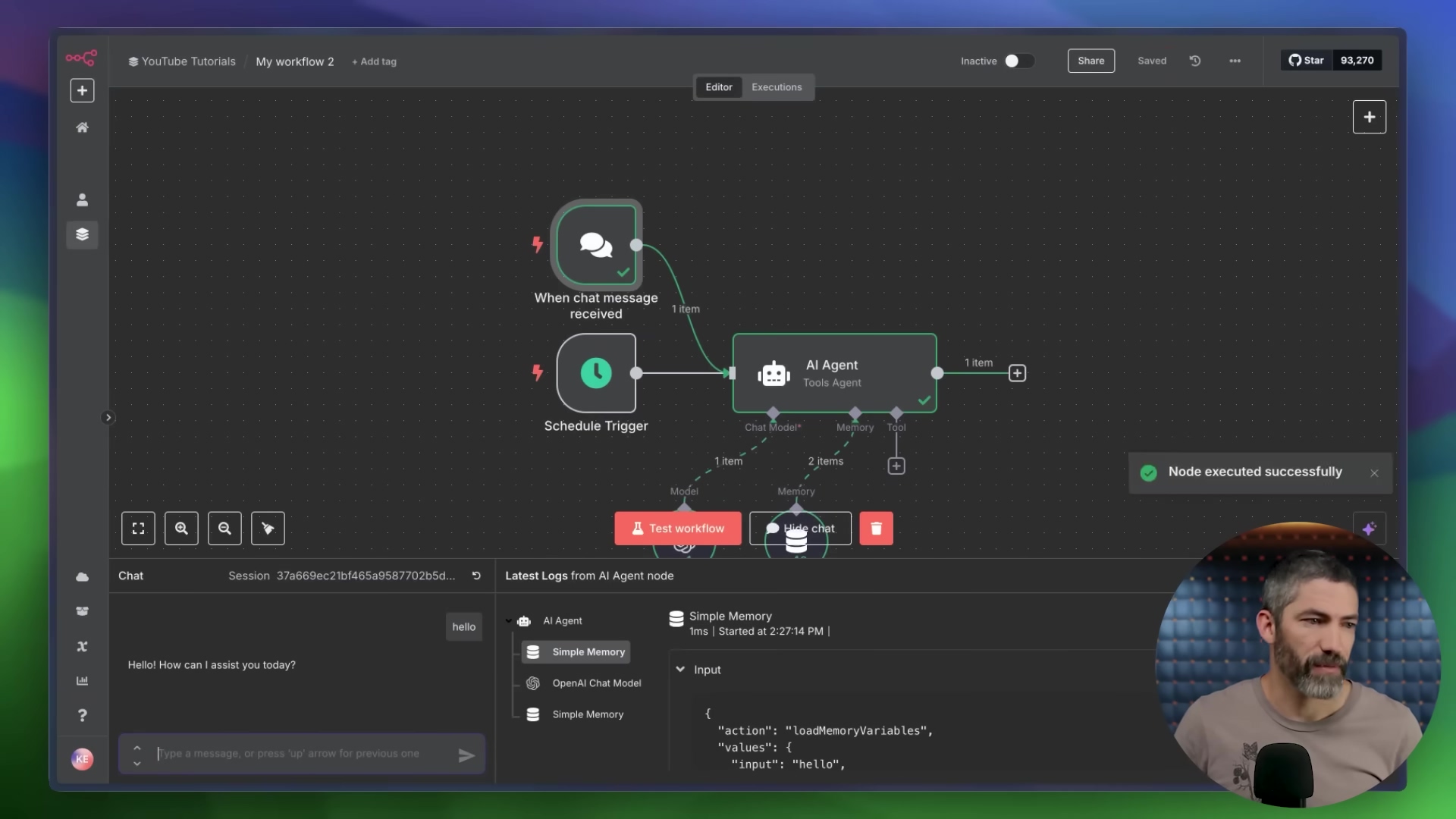 The image displays a workflow in a dark-themed software interface, showing interconnected nodes. The workflow starts with 'When chat message received' and 'Schedule Trigger' nodes, both leading to an 'AI Agent Tools Agent' node. From the 'AI Agent' node, connections lead to 'OpenAI Chat Model' and 'Simple Memory' nodes. Below the main workflow, a chat interface is visible, showing a conversation. The chat input field says 'Type a message, or press ^up arrow for previous one'. On the right, a 'Node executed successfully' notification is displayed. The chat history shows 'Hello! How can I assist you today?' and a user input 'hello'. Below the chat, there are 'Latest Logs From AI Agent node' with details about 'Simple Memory' and 'Input'. A man is visible in the bottom right corner, looking at the screen.