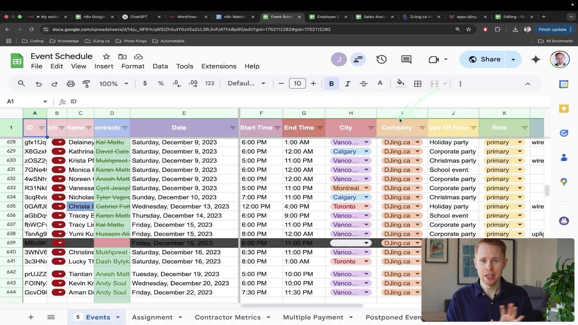Google Sheets event schedule with orange arrow graphic