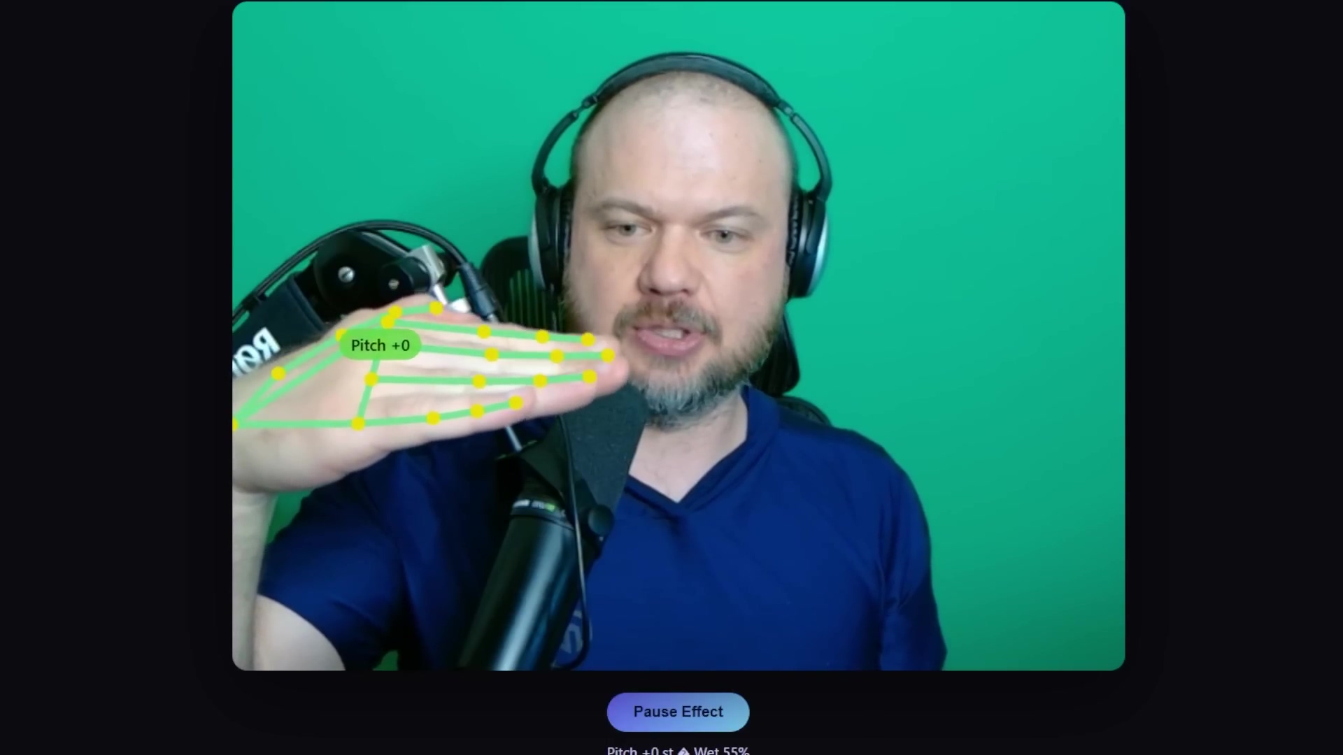 Hand with motion tracking overlay for voice modulation
