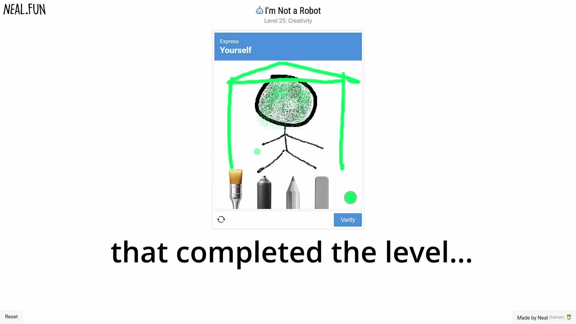 Completed Level 25 drawing of a house with stick figure